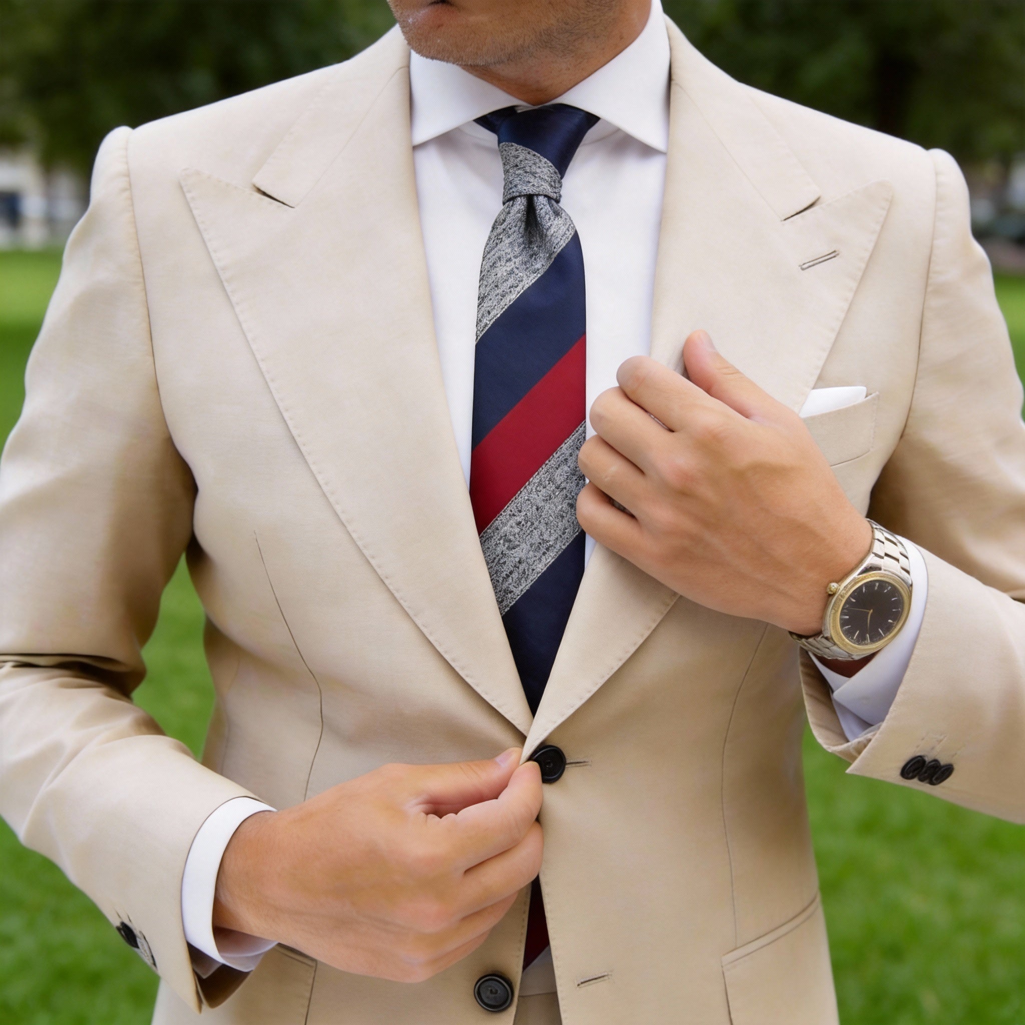 Blue with Red & Gray Striped Necktie