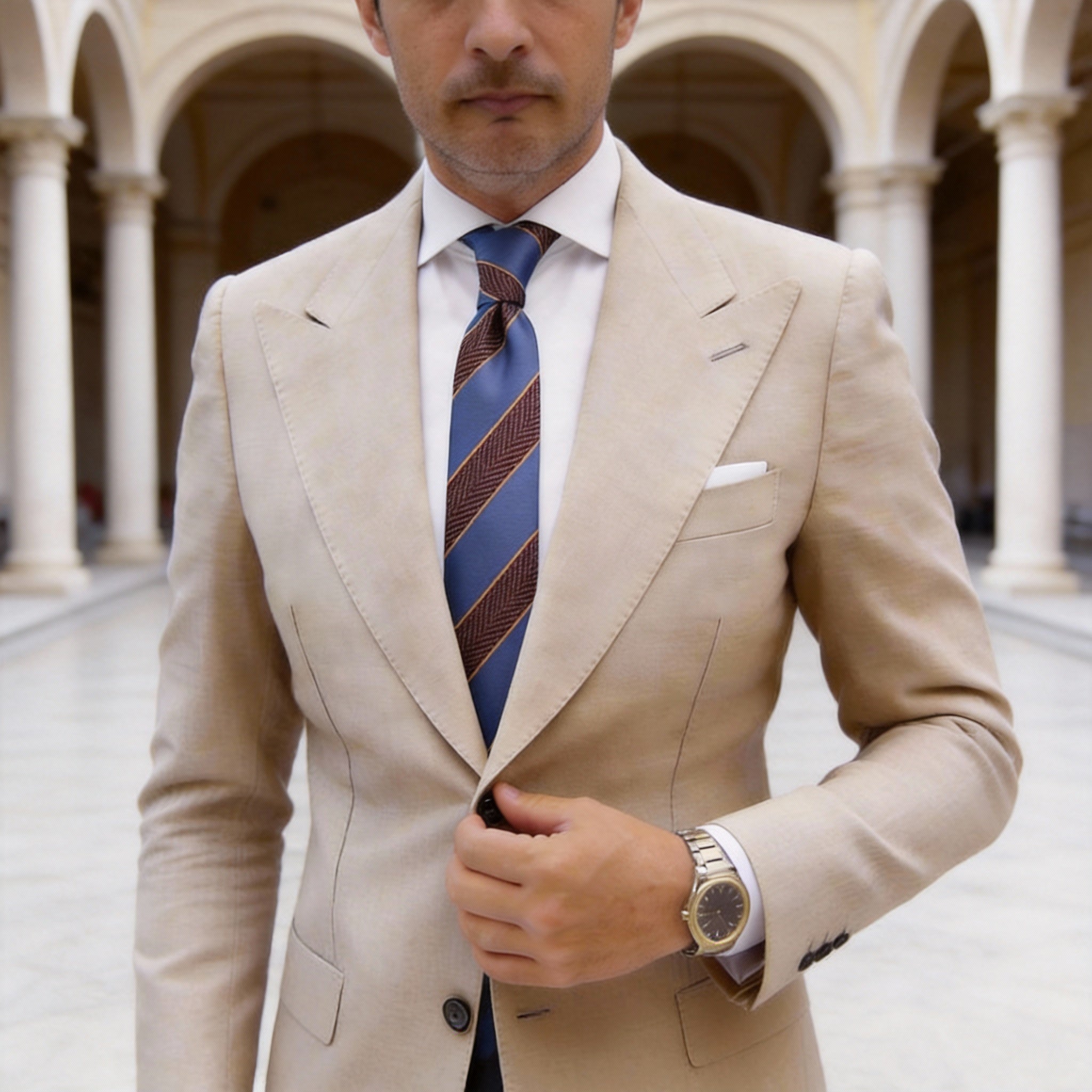 Blue With Maroon Orange Herringbone Stripes Necktie