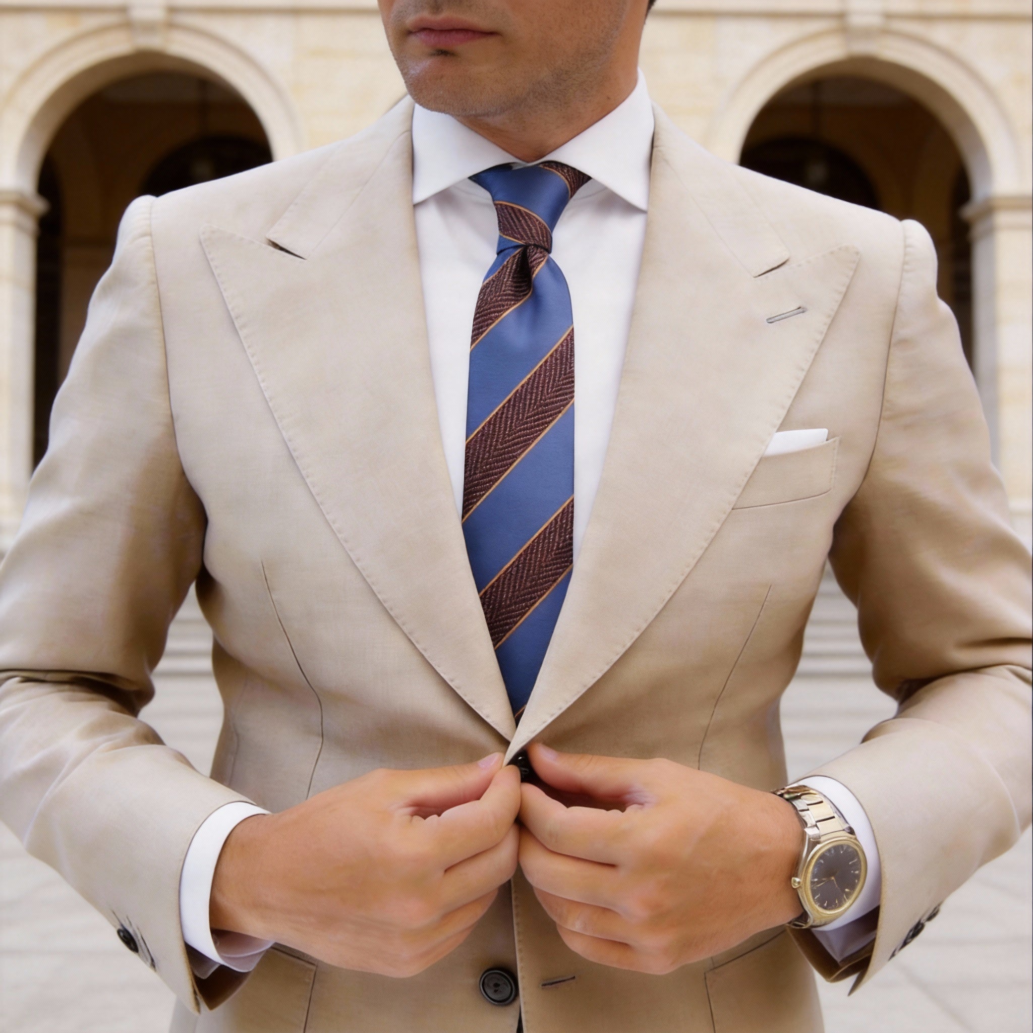 Blue With Maroon Orange Herringbone Stripes Necktie