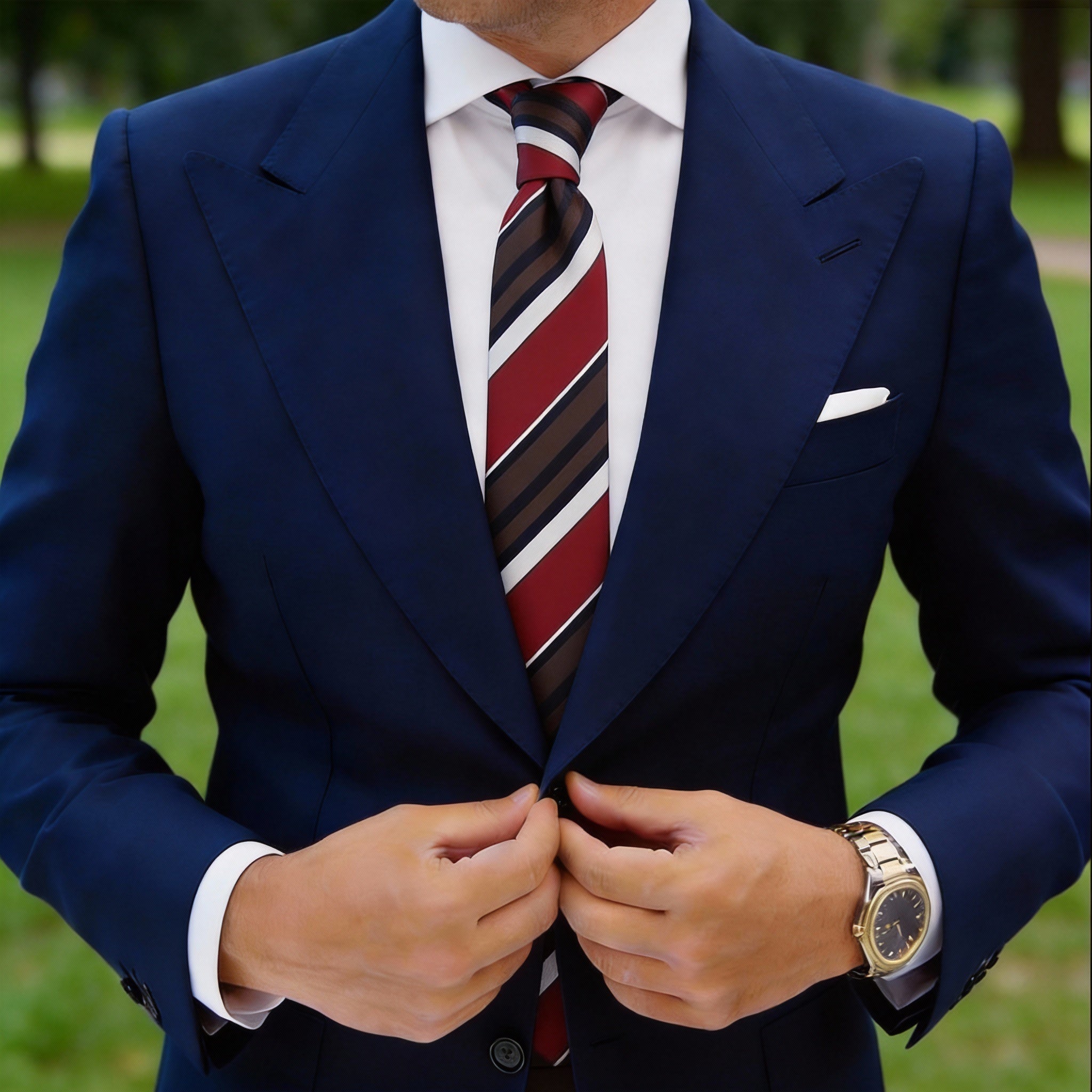 Red Necktie With Brown Black White Stripes