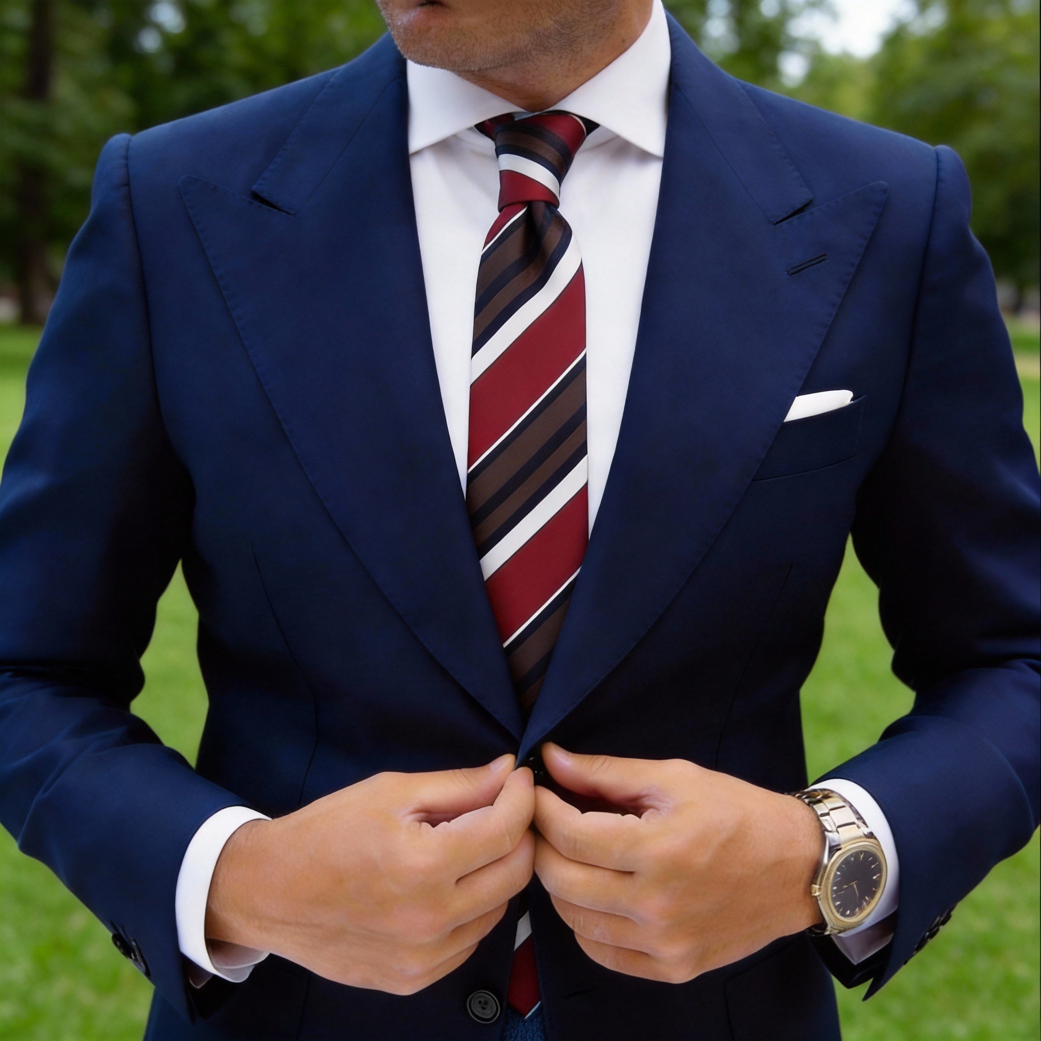 Red Necktie With Brown Black White Stripes