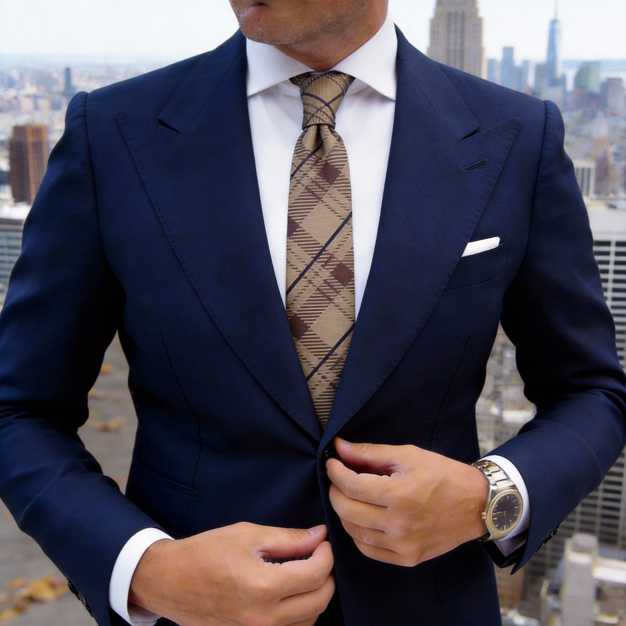 Beige With Brown Plaid Necktie