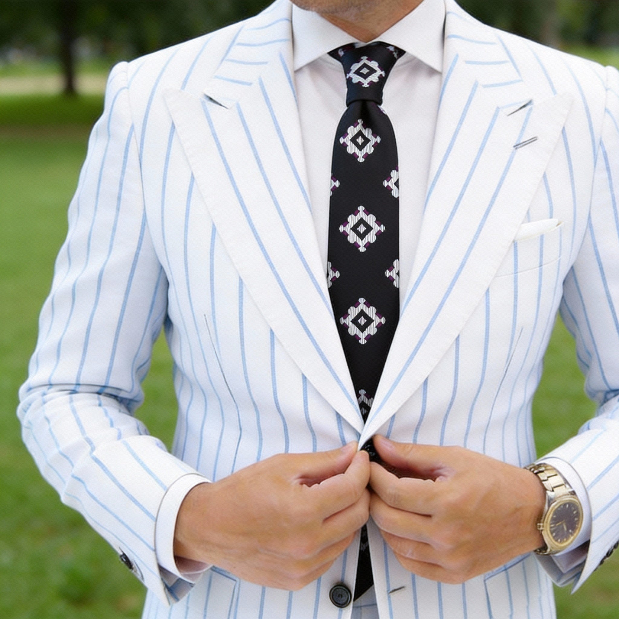 Black With White Purple Geometric Square Necktie