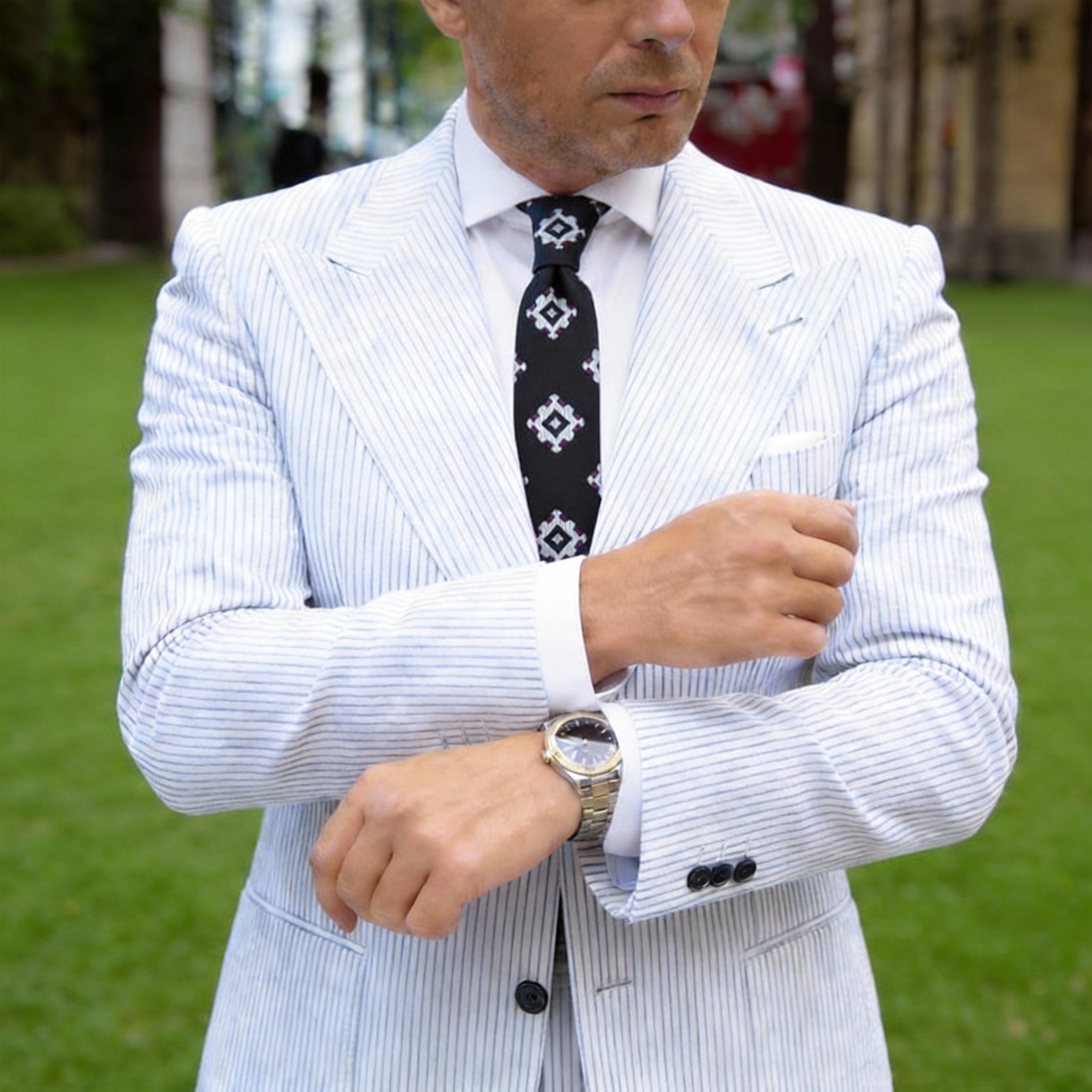 Black With White Purple Geometric Square Necktie