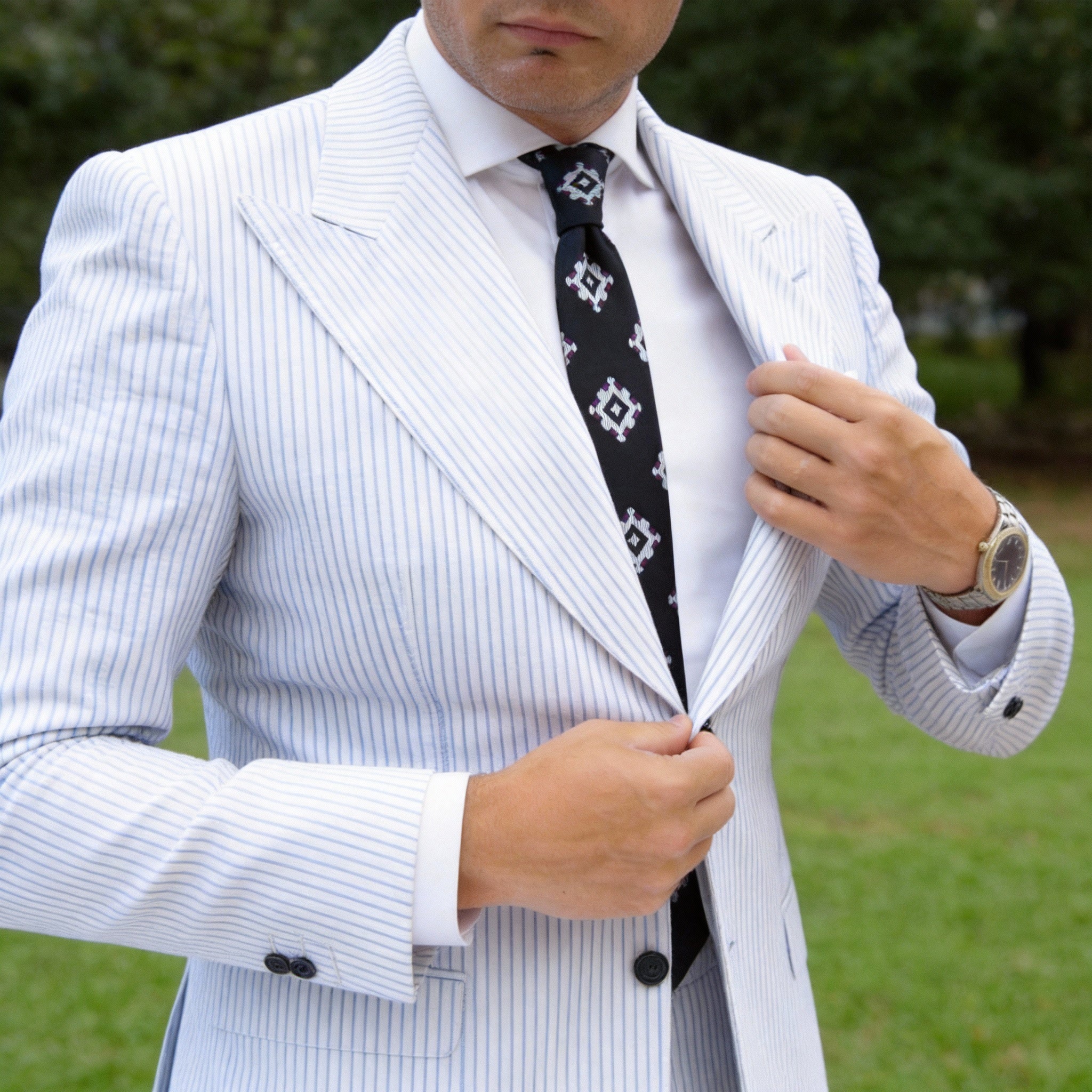 Black With White Purple Geometric Square Necktie