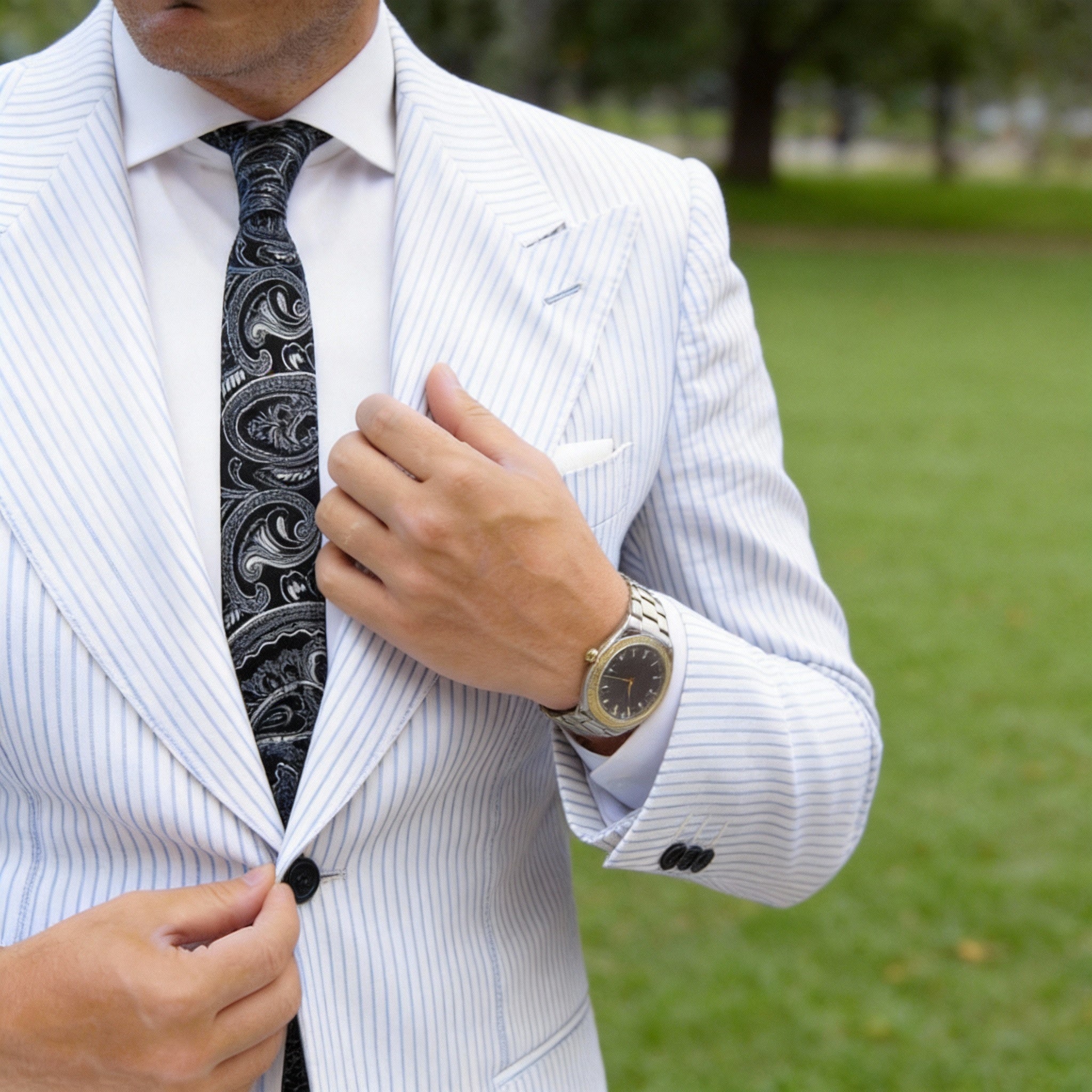 Black Necktie With Gray White Paisley
