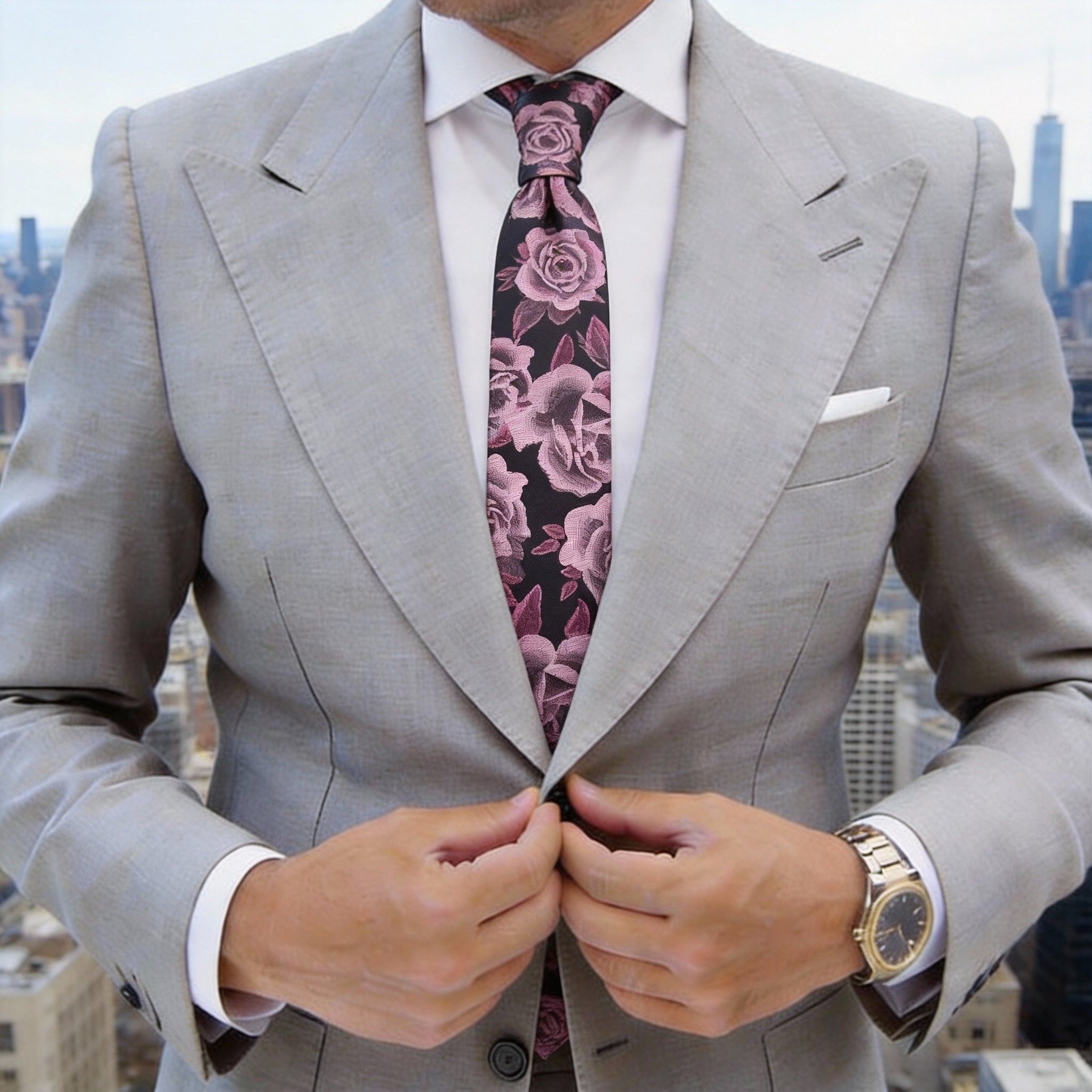 Black With Pink Rose Necktie
