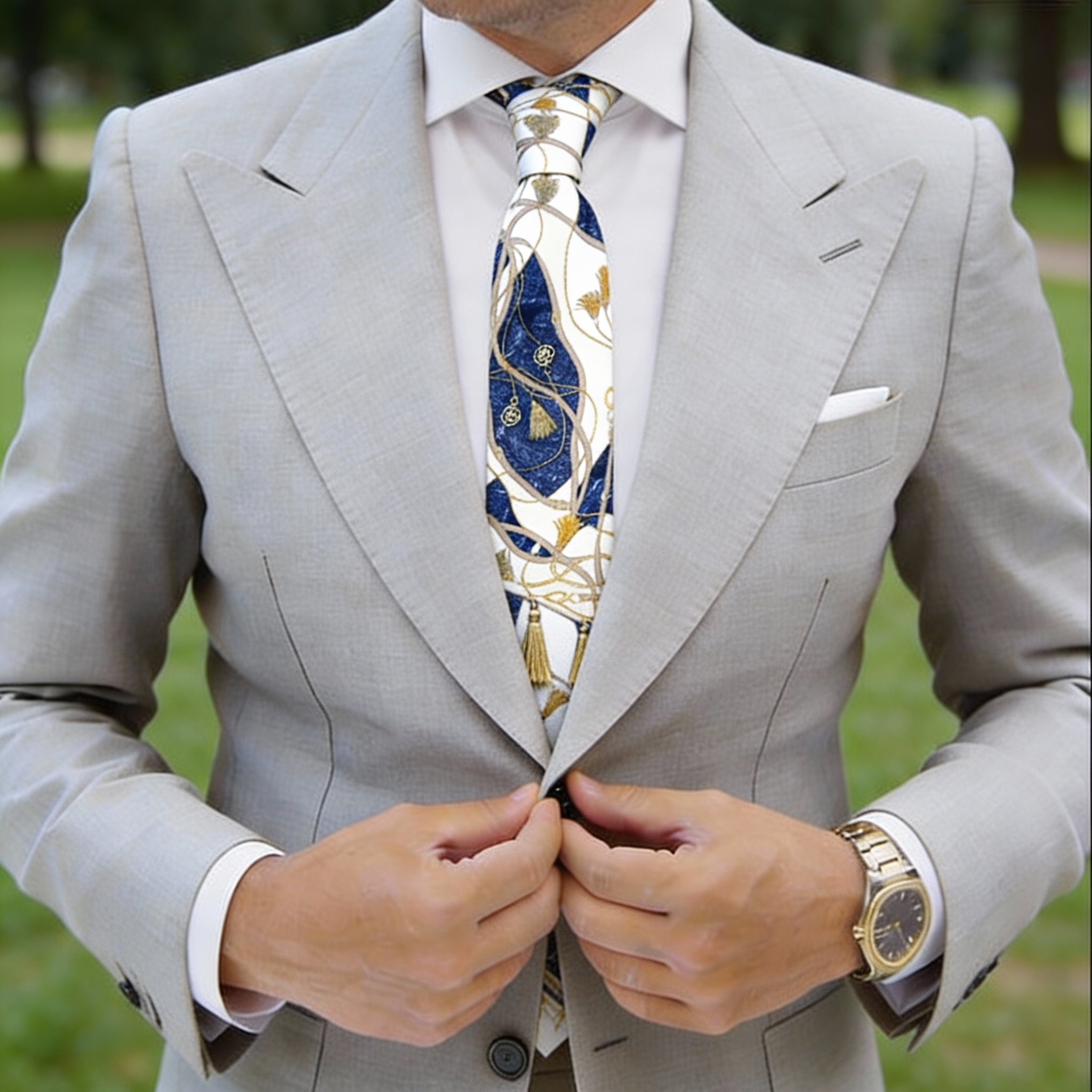 Cream With Blue Gold Chain Necktie