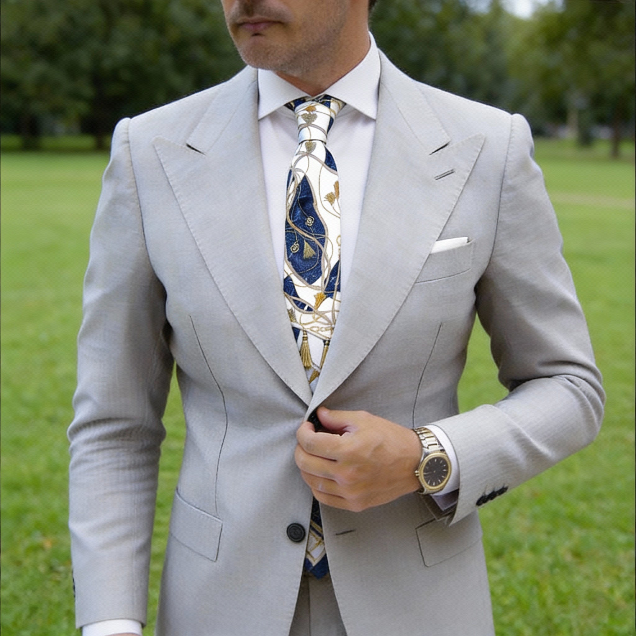 Cream With Blue Gold Chain Necktie