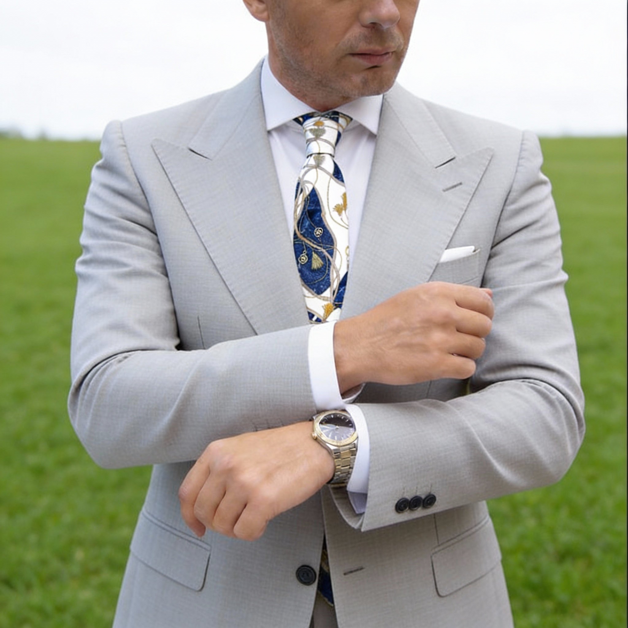 Cream With Blue Gold Chain Necktie