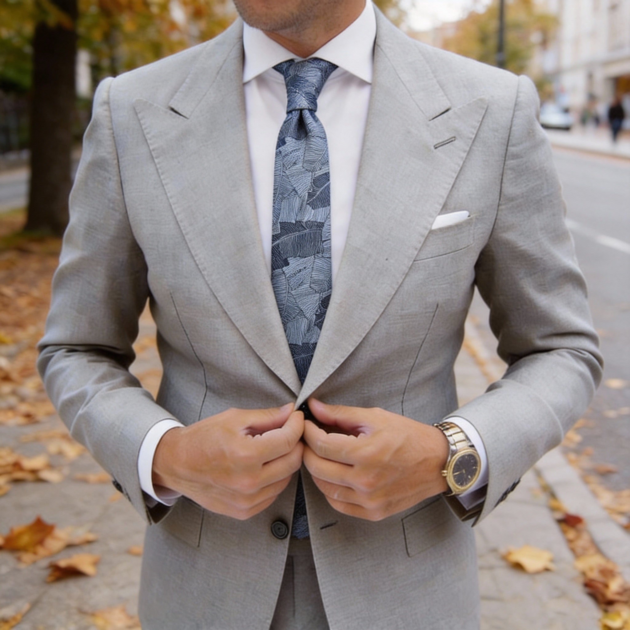 Light Blue with Dark Blue Leaf Necktie