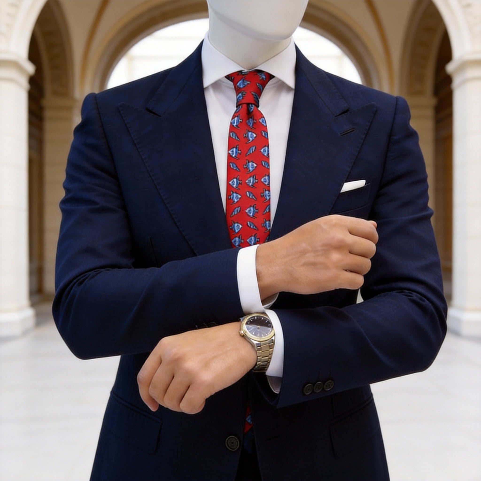 Red With Blue Fish Shell Necktie