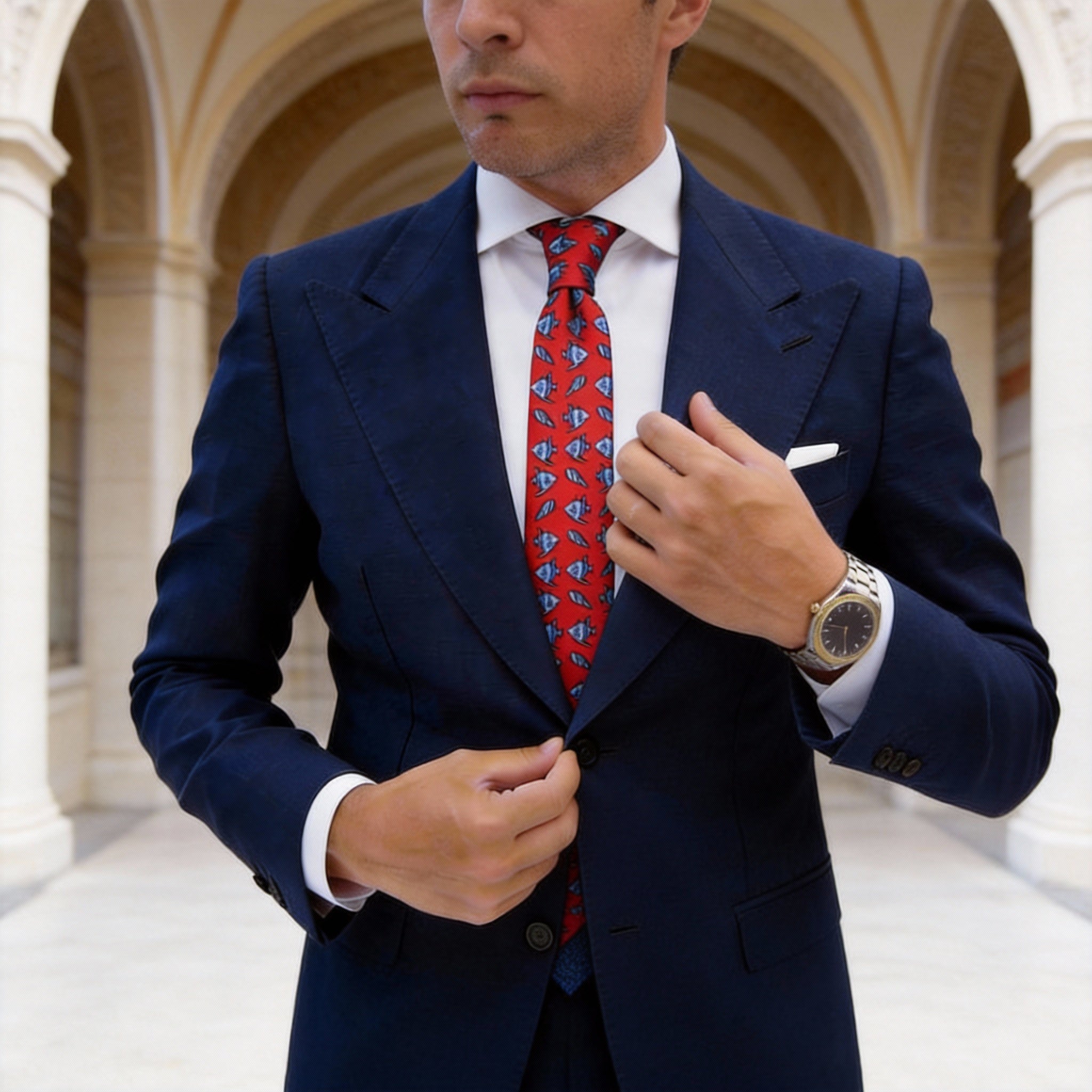 Red With Blue Fish Shell Necktie