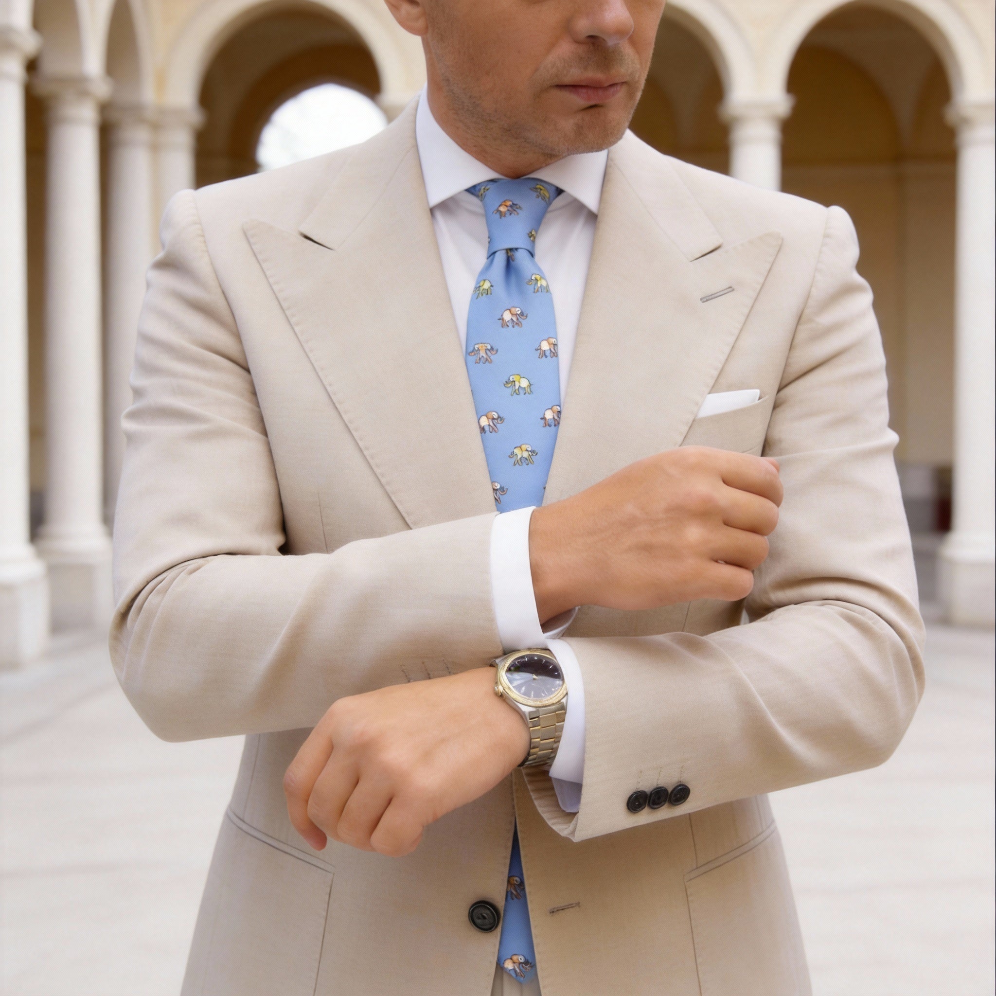 Blue With Yellow Orange Elephant Necktie