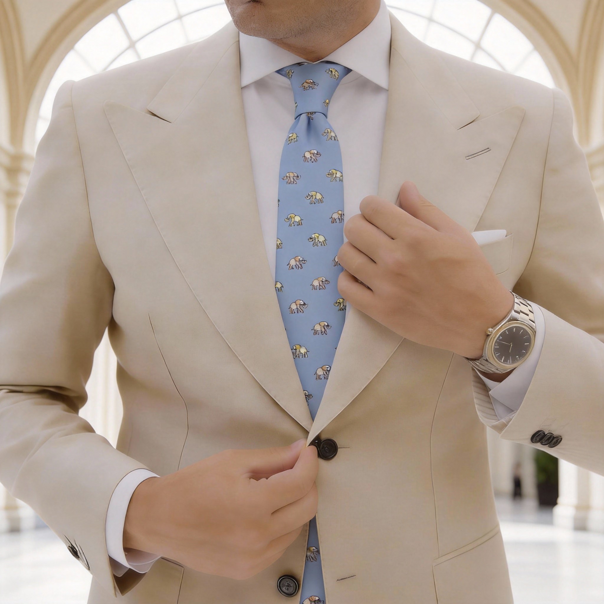 Blue With Yellow Orange Elephant Necktie