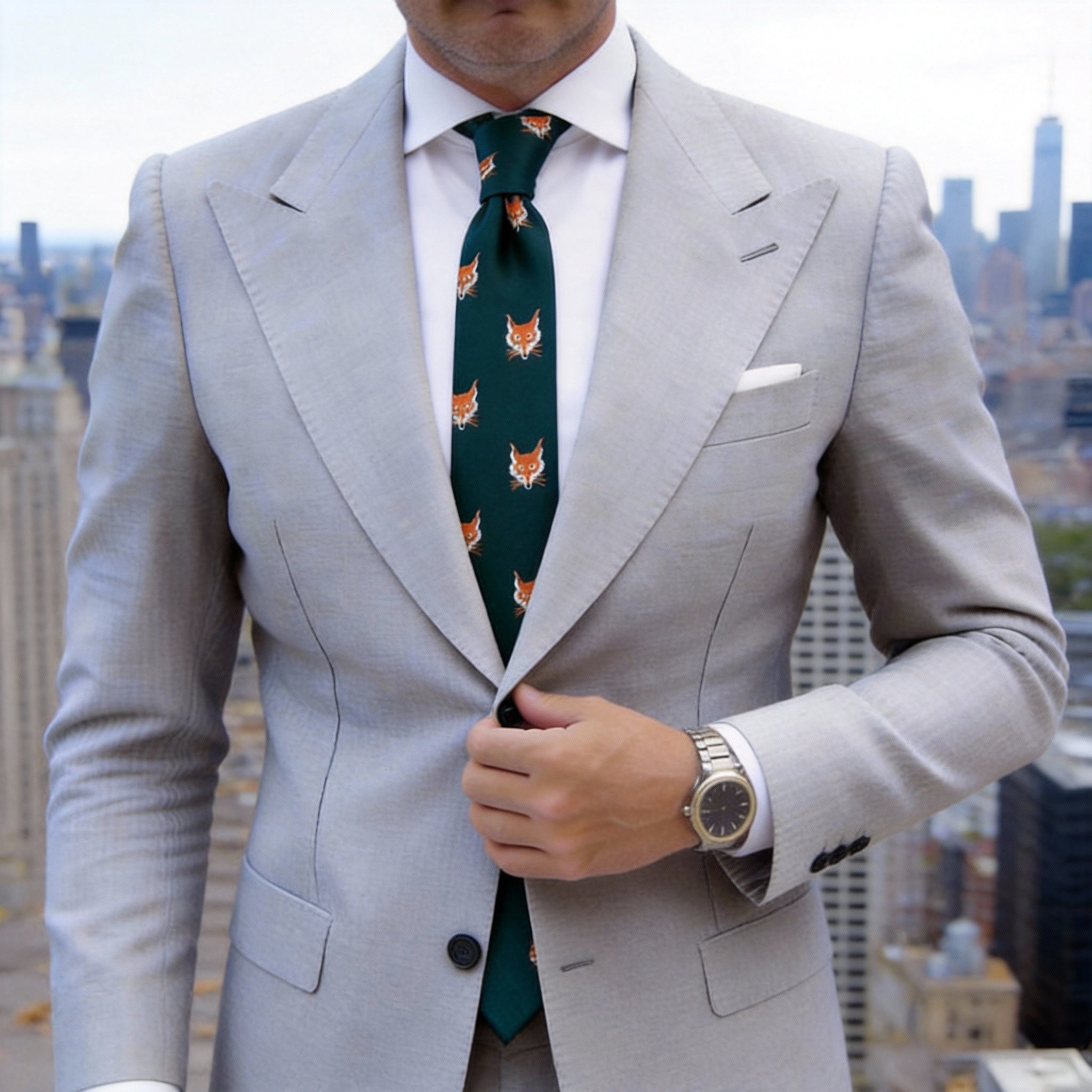 Dark Green With Orange Fox Head Necktie