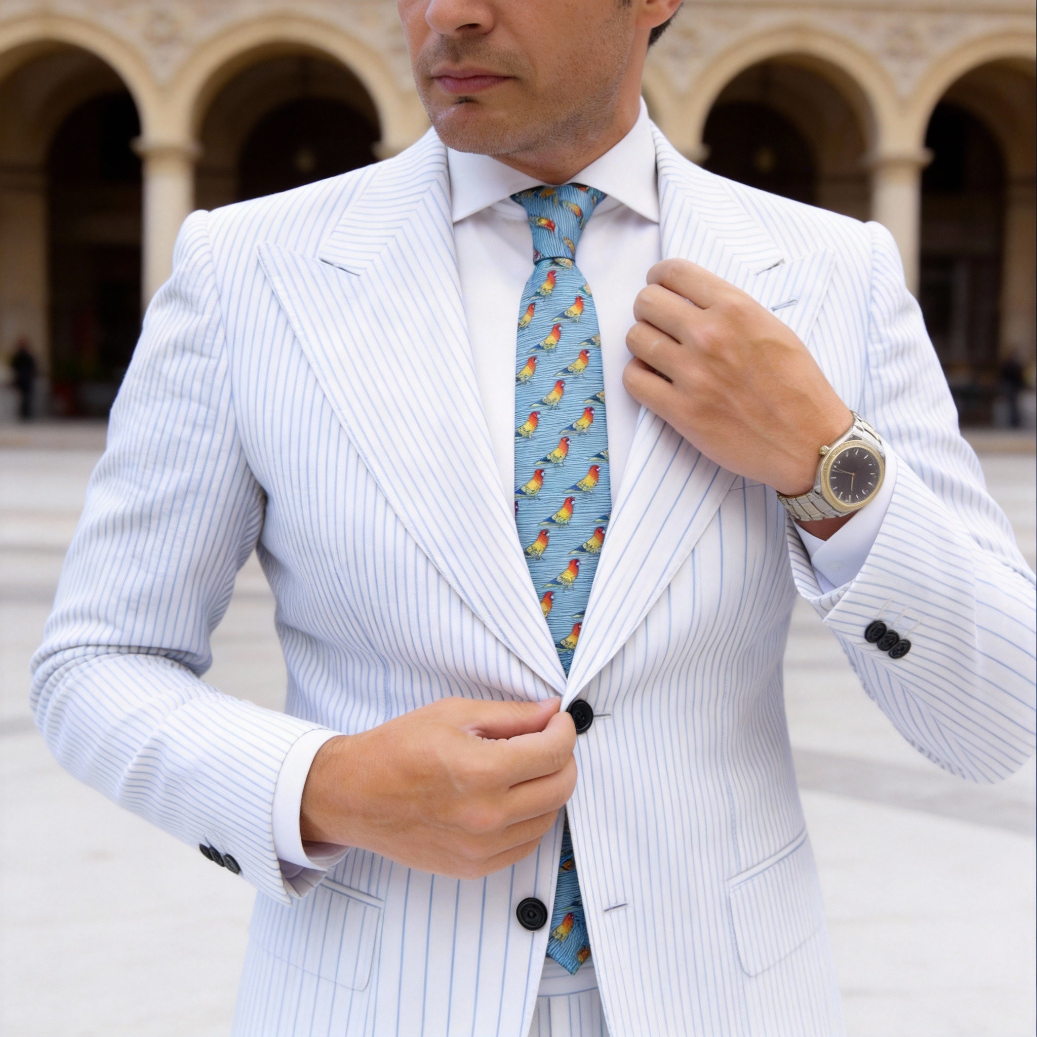 Light Blue with Red Parrot Necktie