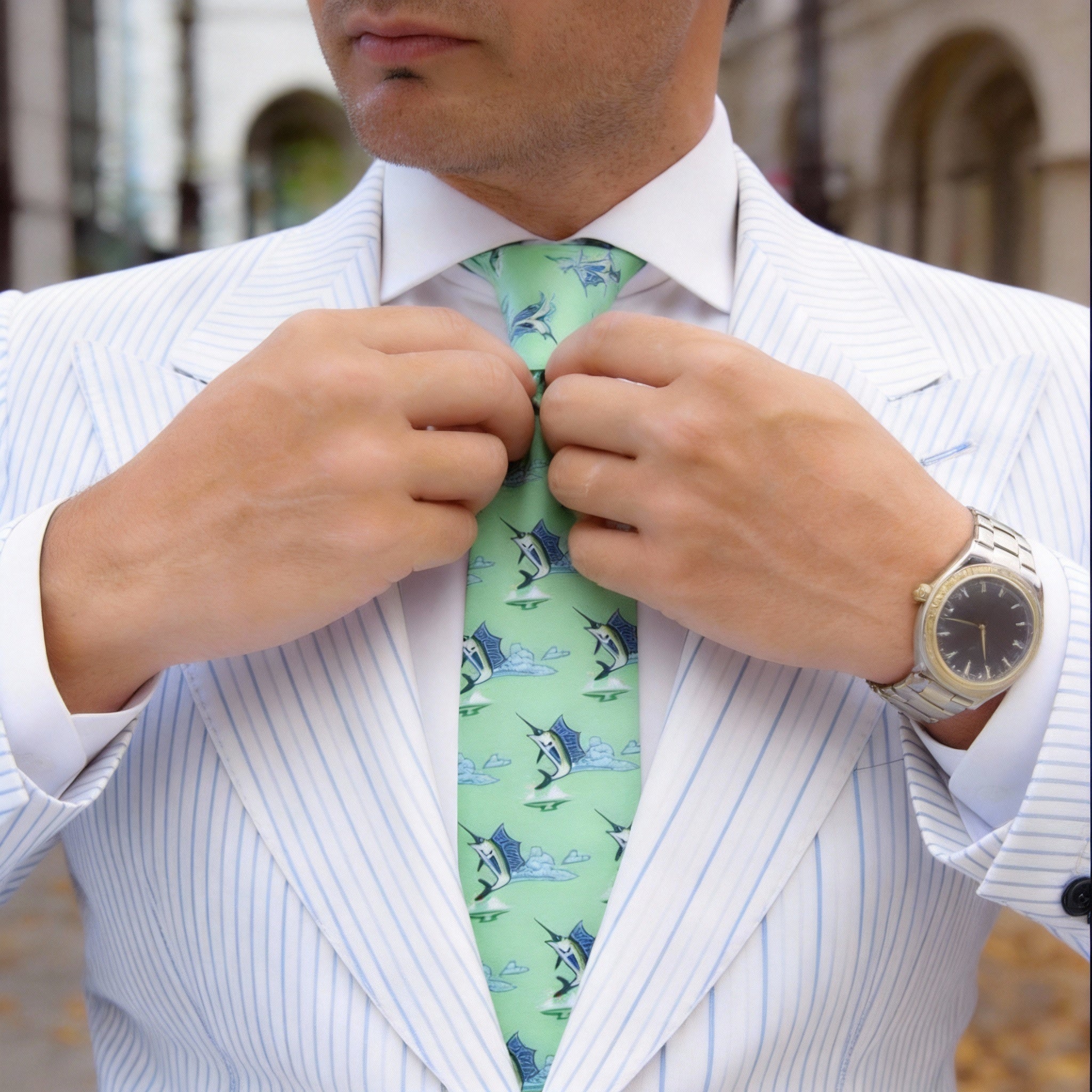 Light Green With Blue Marlin Clouds Necktie