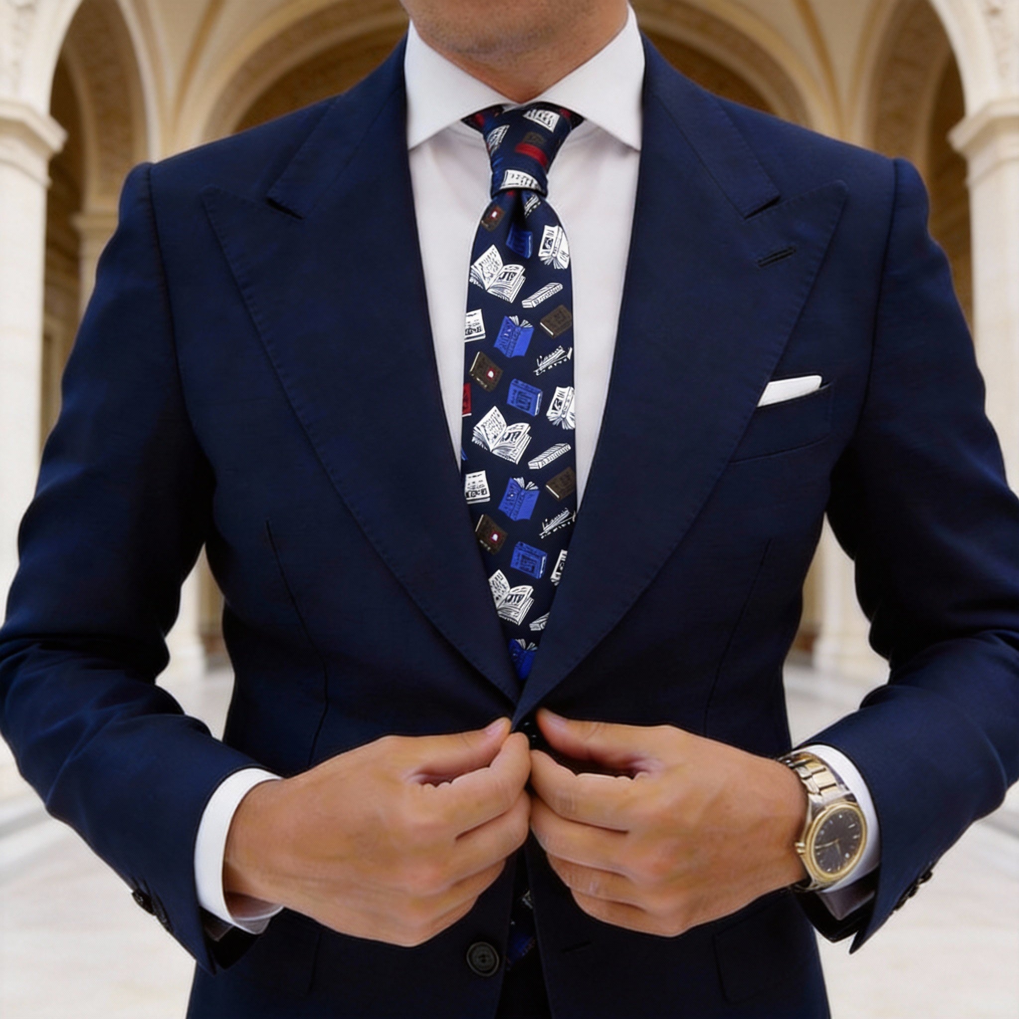 Navy Blue With Book Pattern Necktie
