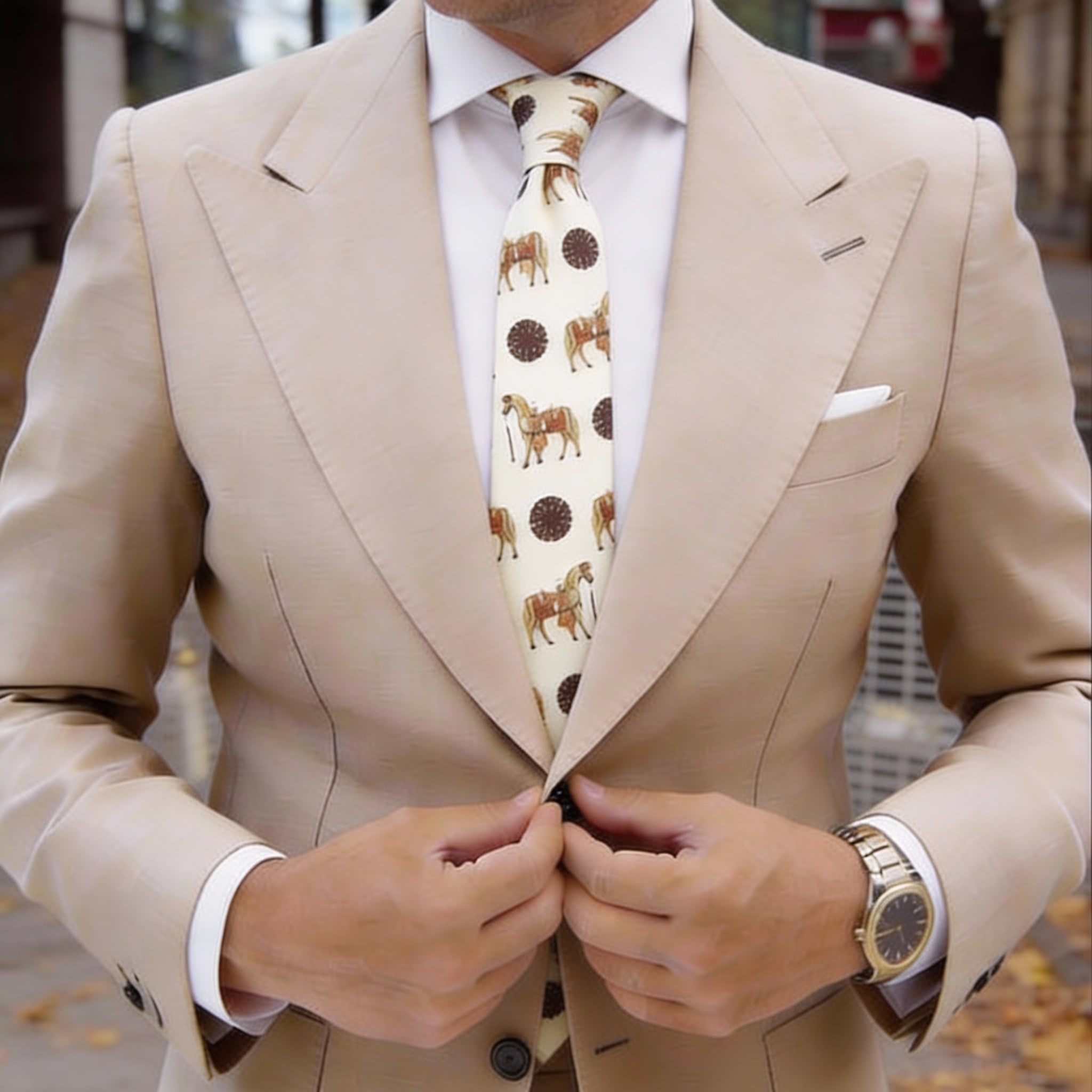 Beige With Dark Brown Horse Necktie