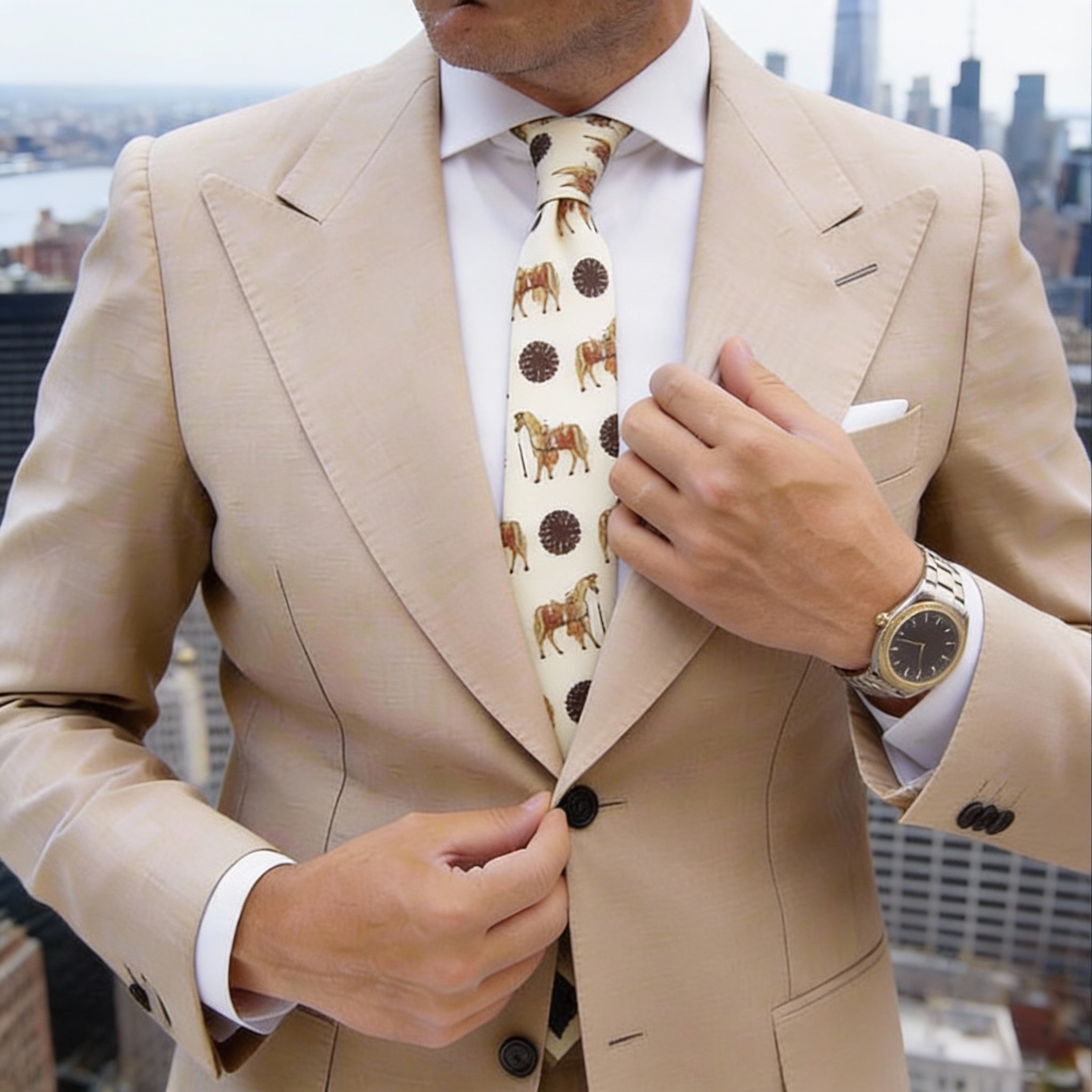 Beige With Dark Brown Horse Necktie