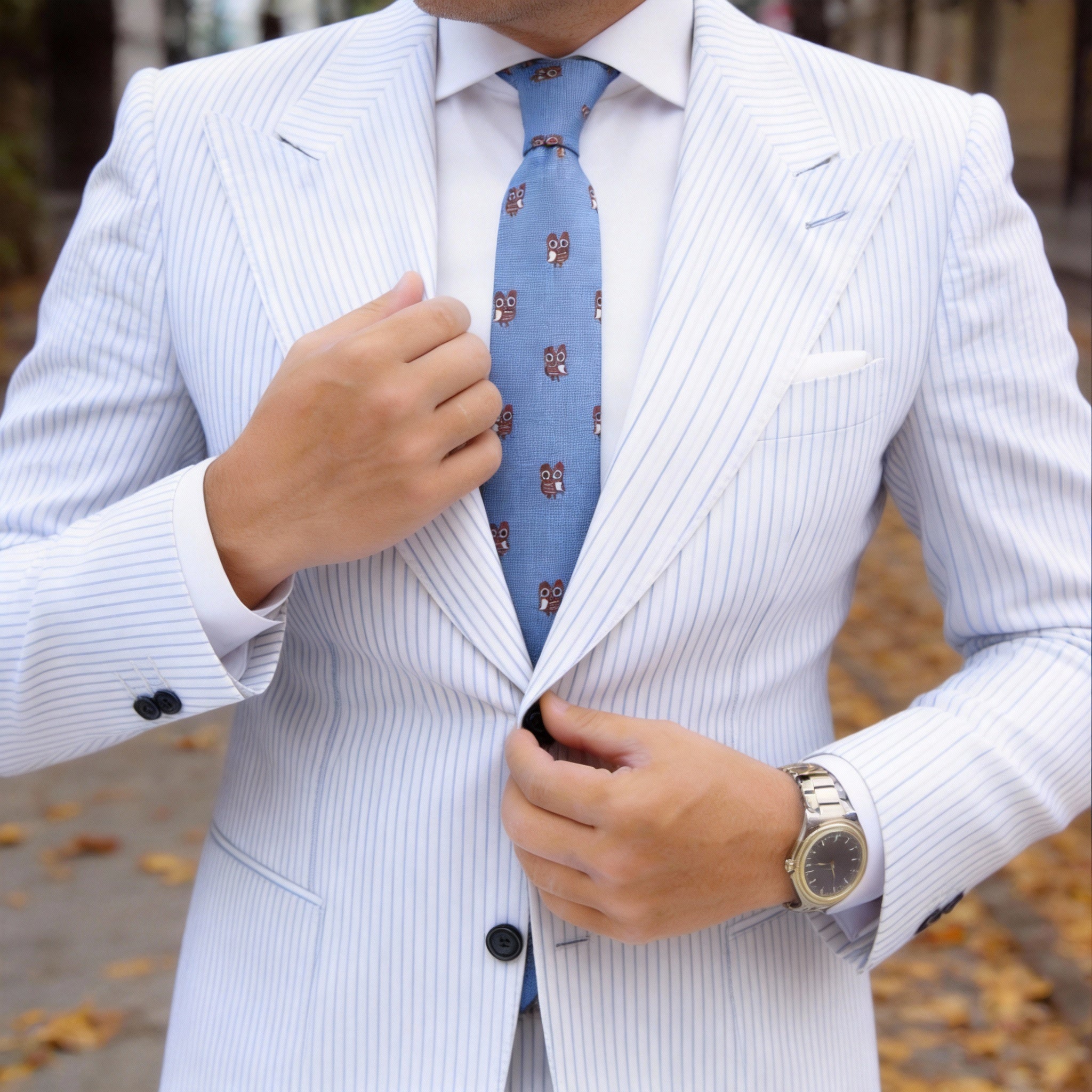 Light Blue With Brown & White Owl Necktie