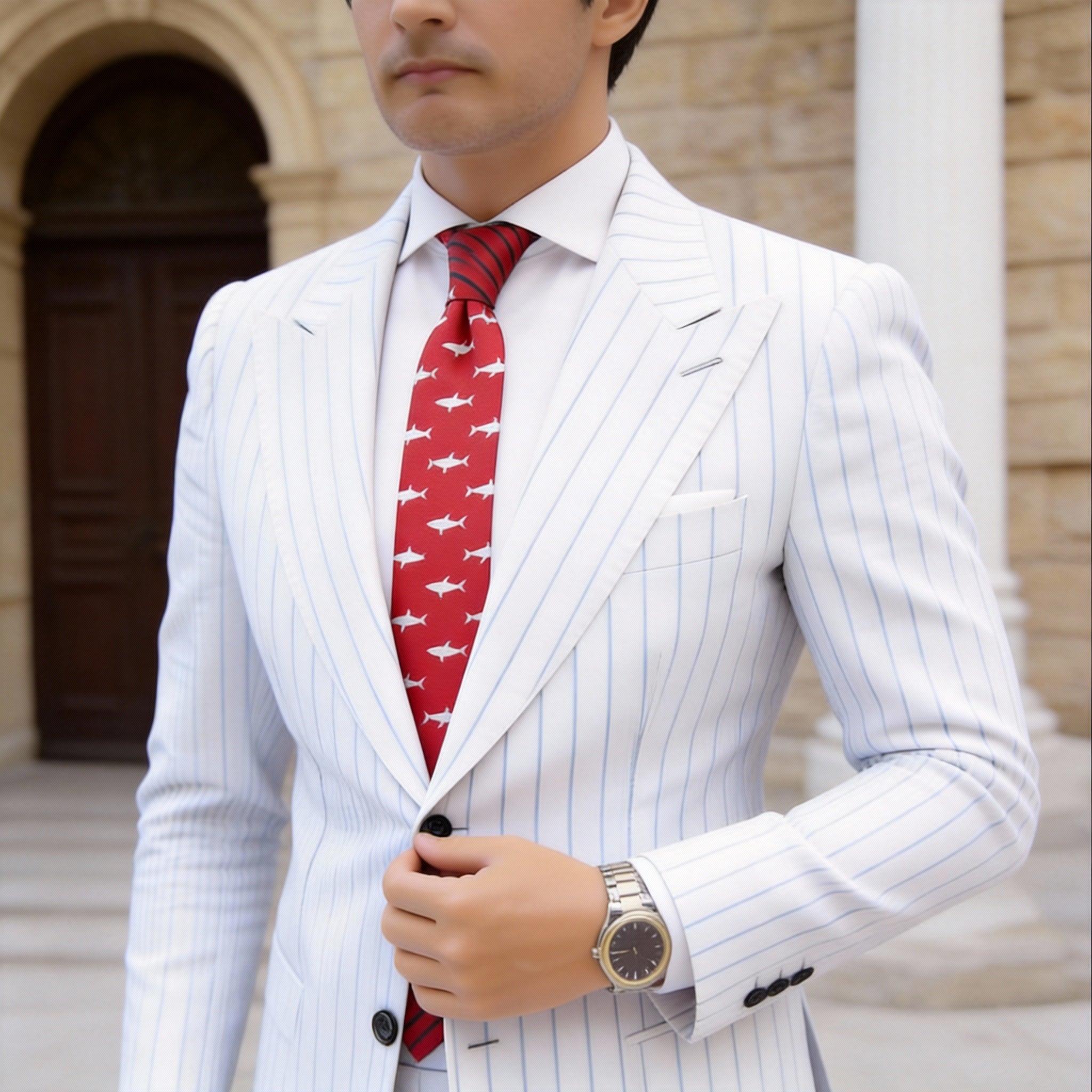 Red with Light Blue Sharks Necktie