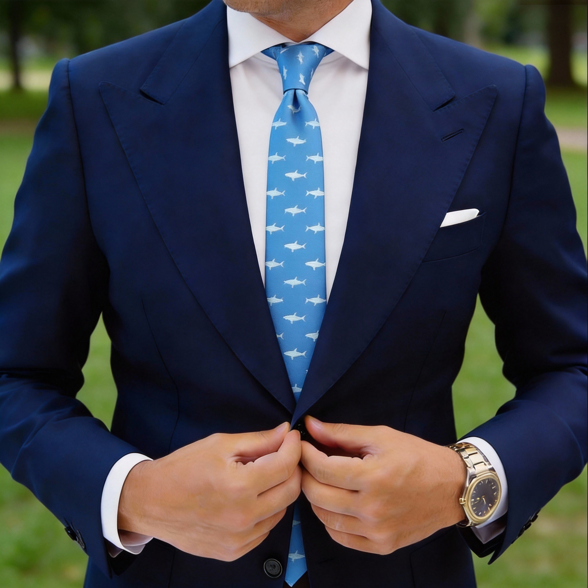 Blue With White Shark Necktie