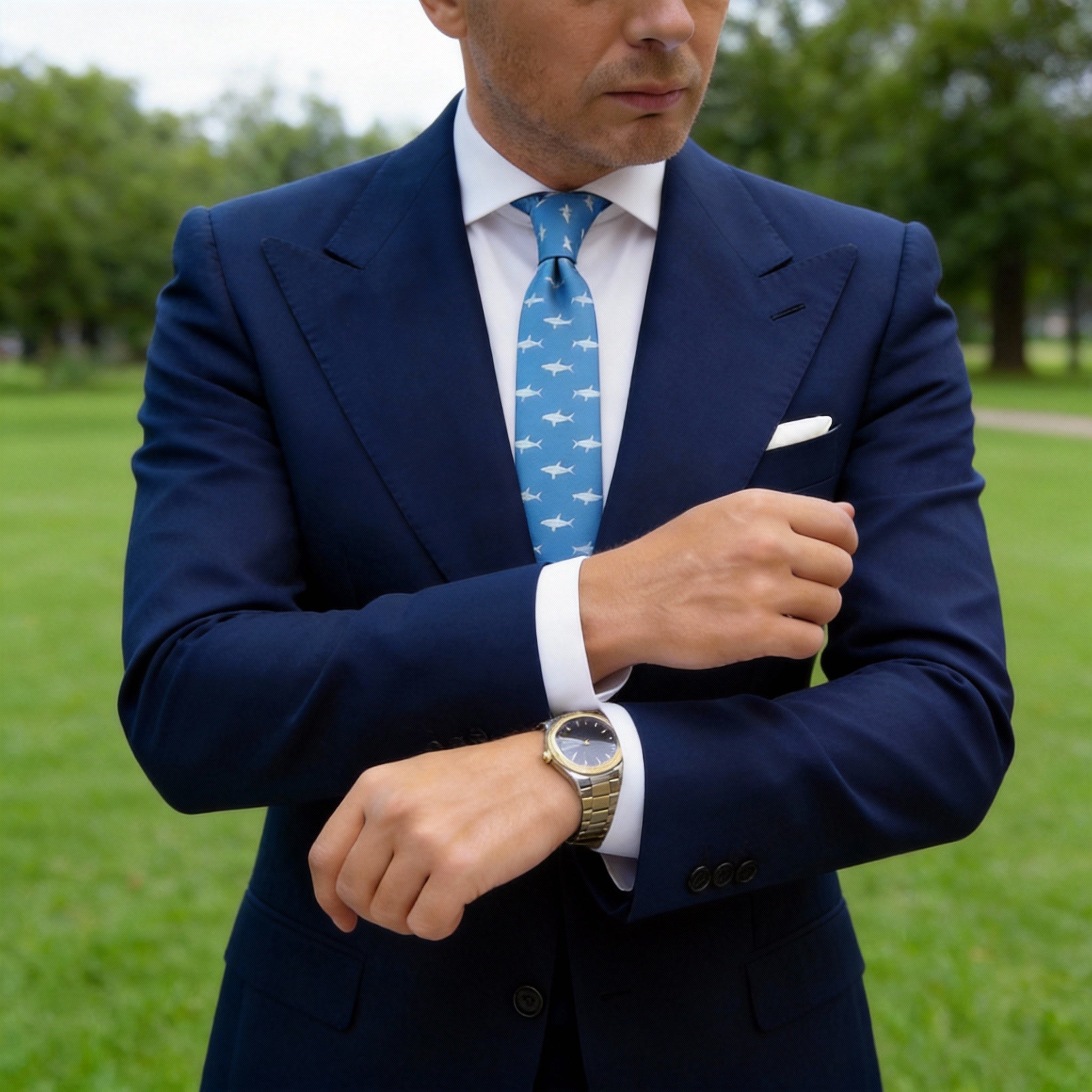 Blue With White Shark Necktie