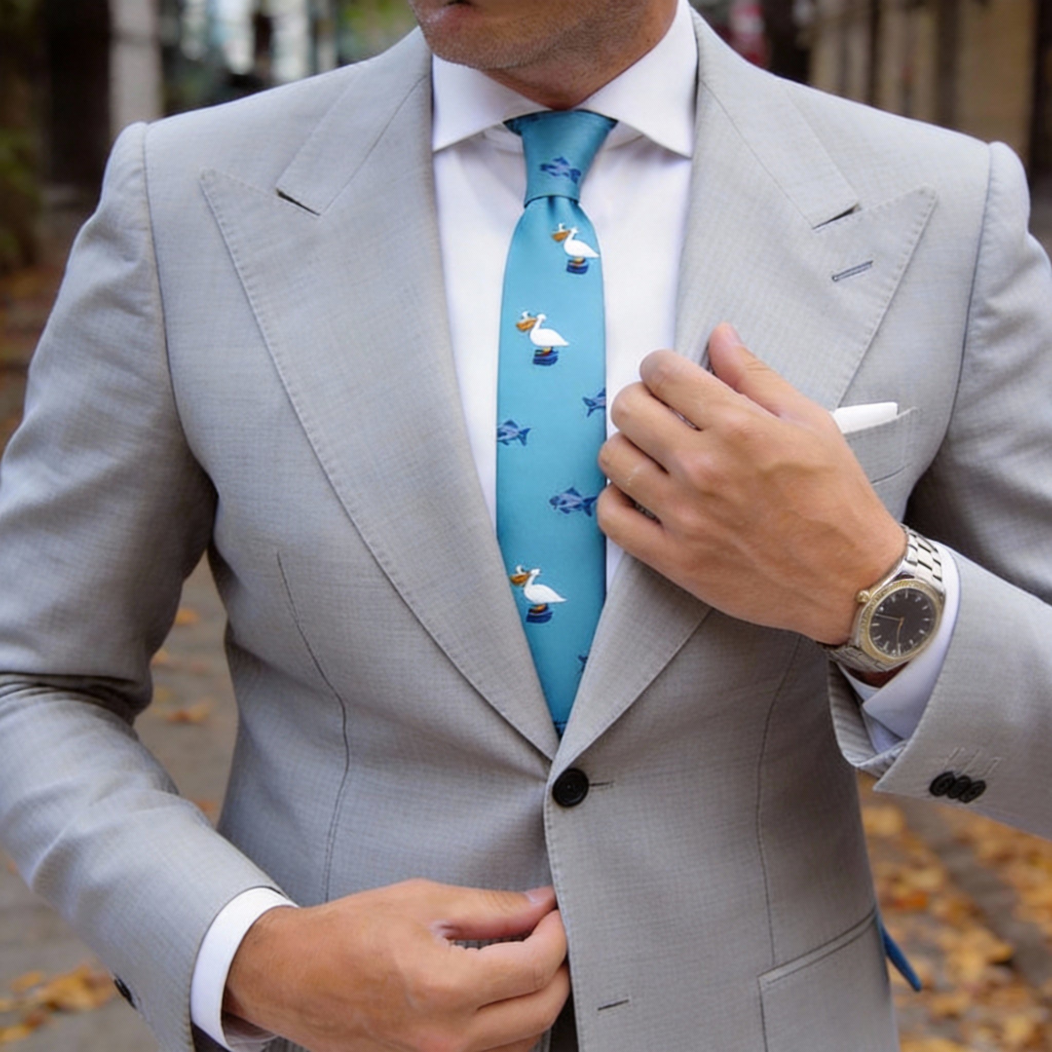 Blue With White Pelican & Fish Necktie