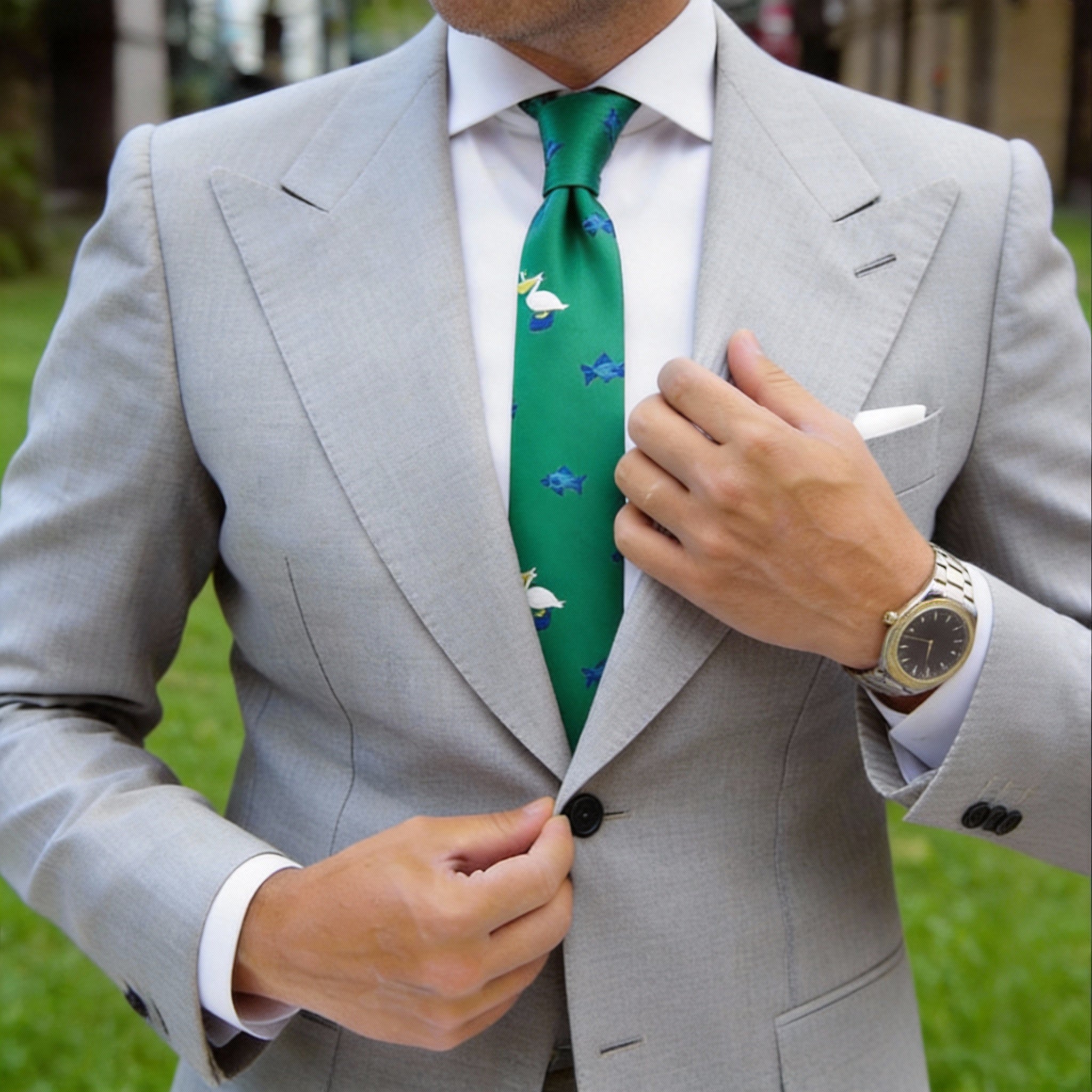 Green With Blue Fish And White Pelican Necktie