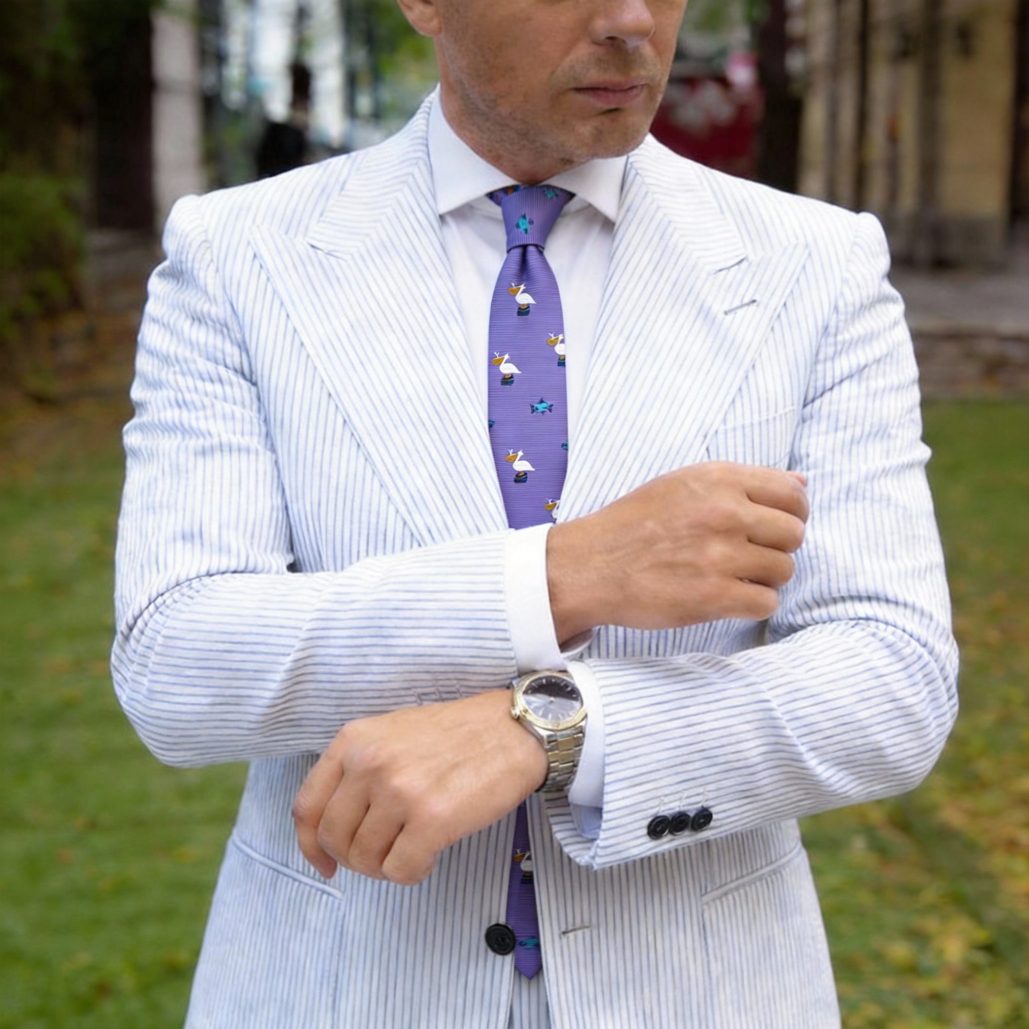 Purple Necktie With Blue Fish & White Bird