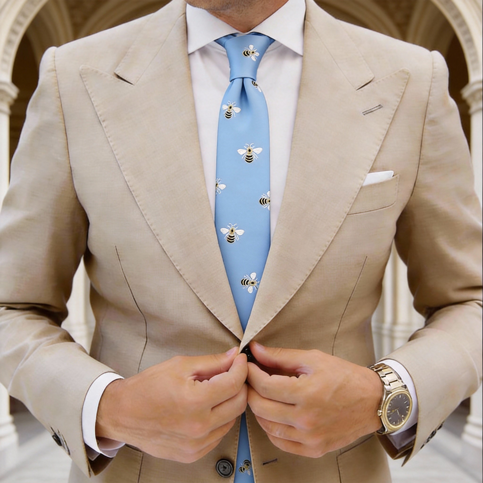 Light Blue With White Bee Necktie