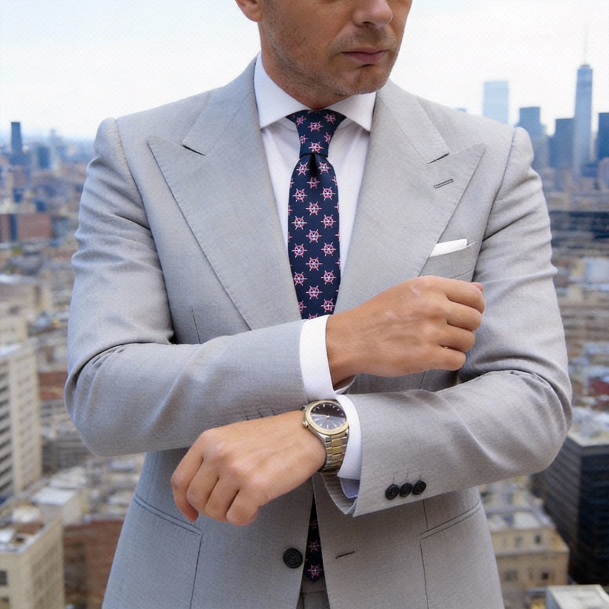 Navy Blue Necktie With Pink Ship Wheels