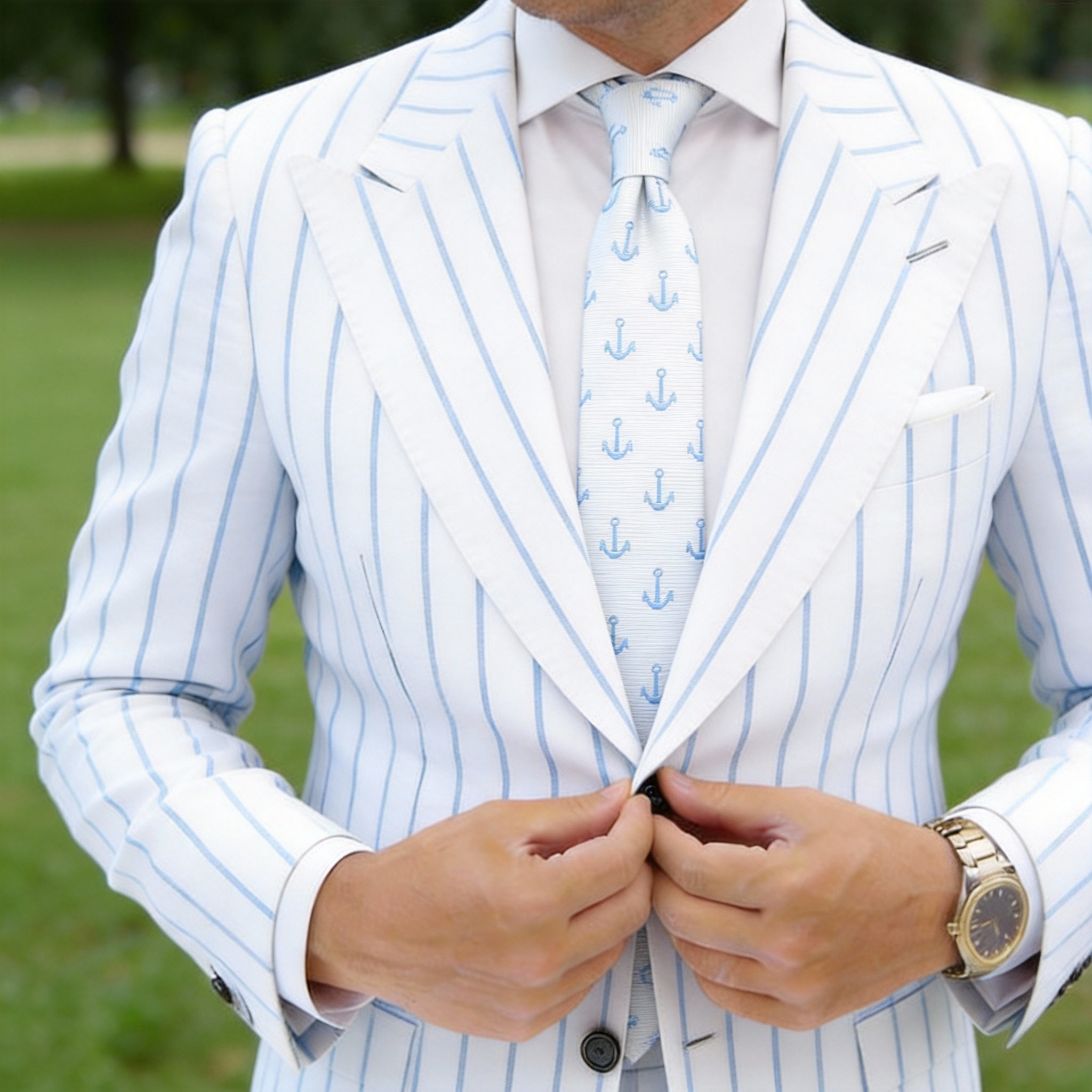 White With Blue Anchor Necktie