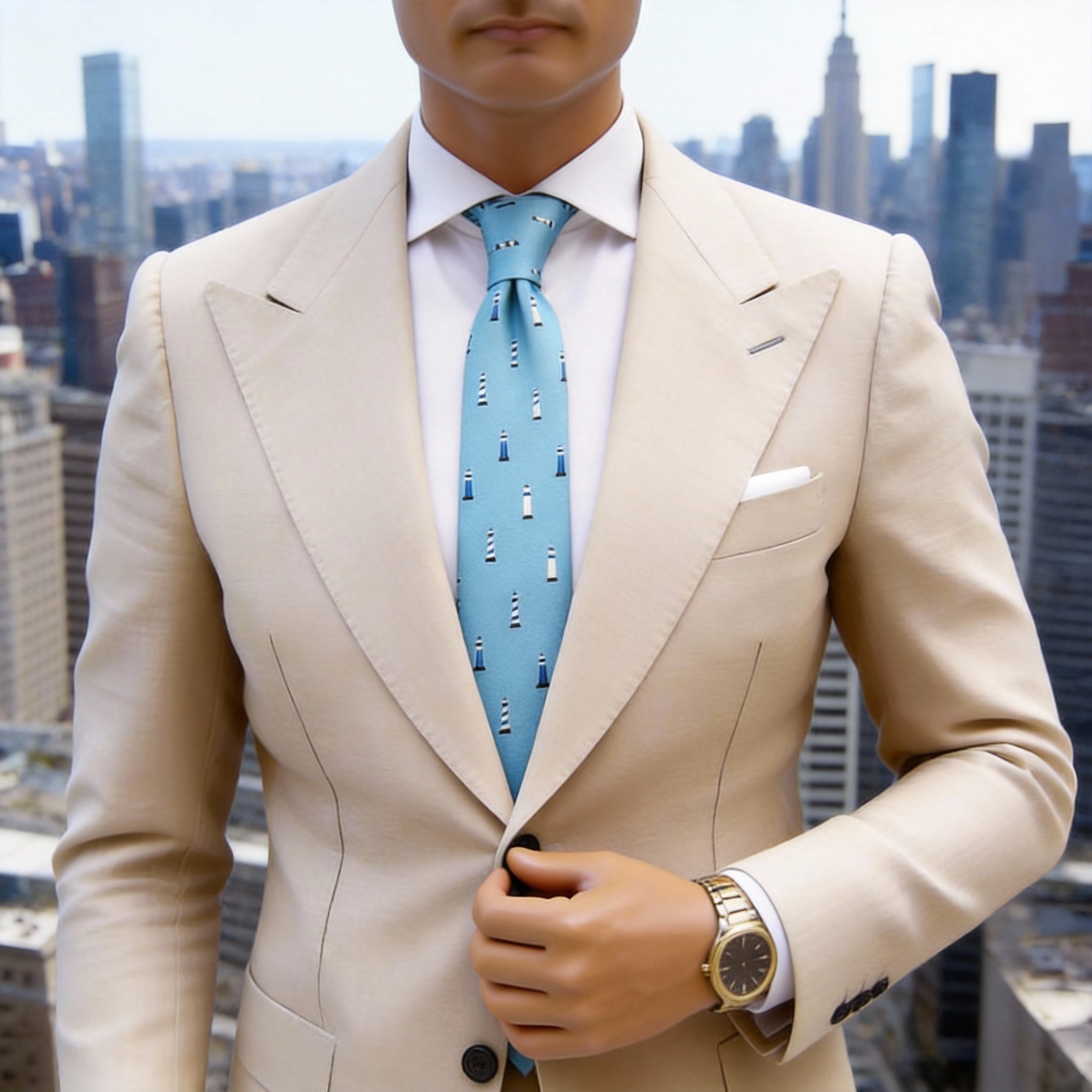 Light Blue With Blue White Lighthouse Necktie