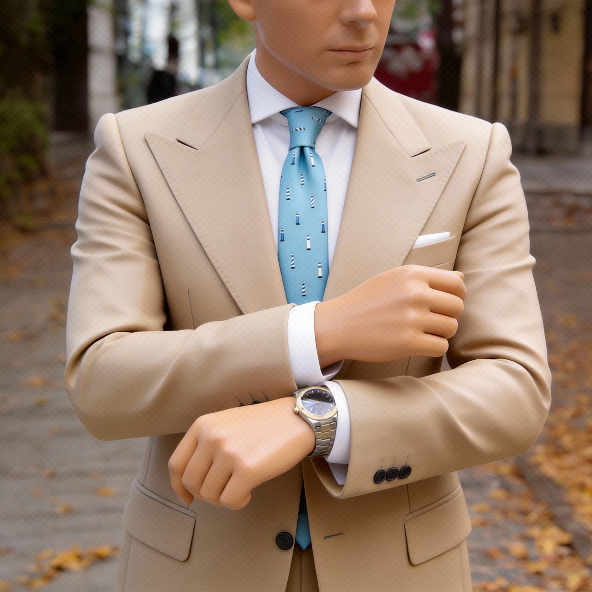 Light Blue With Blue White Lighthouse Necktie