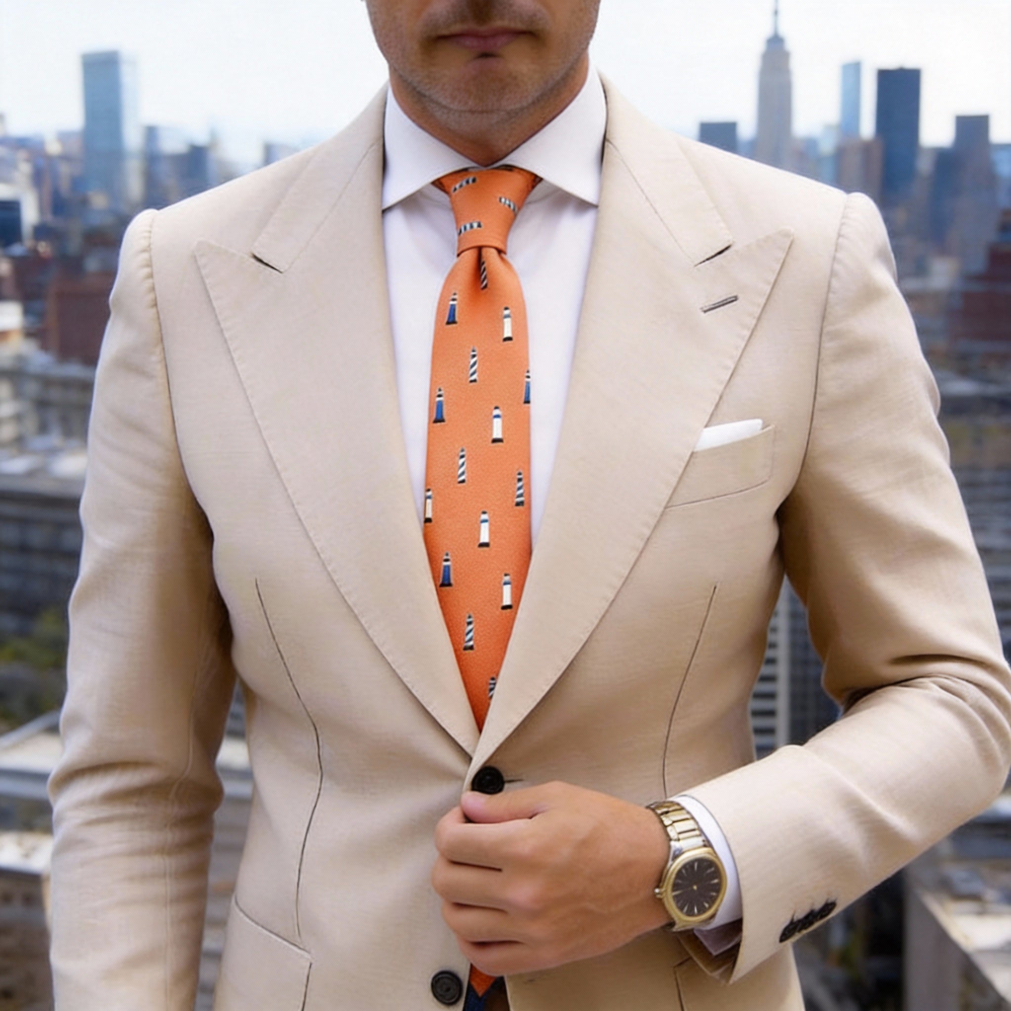 Orange With Blue And White Lighthouse Necktie