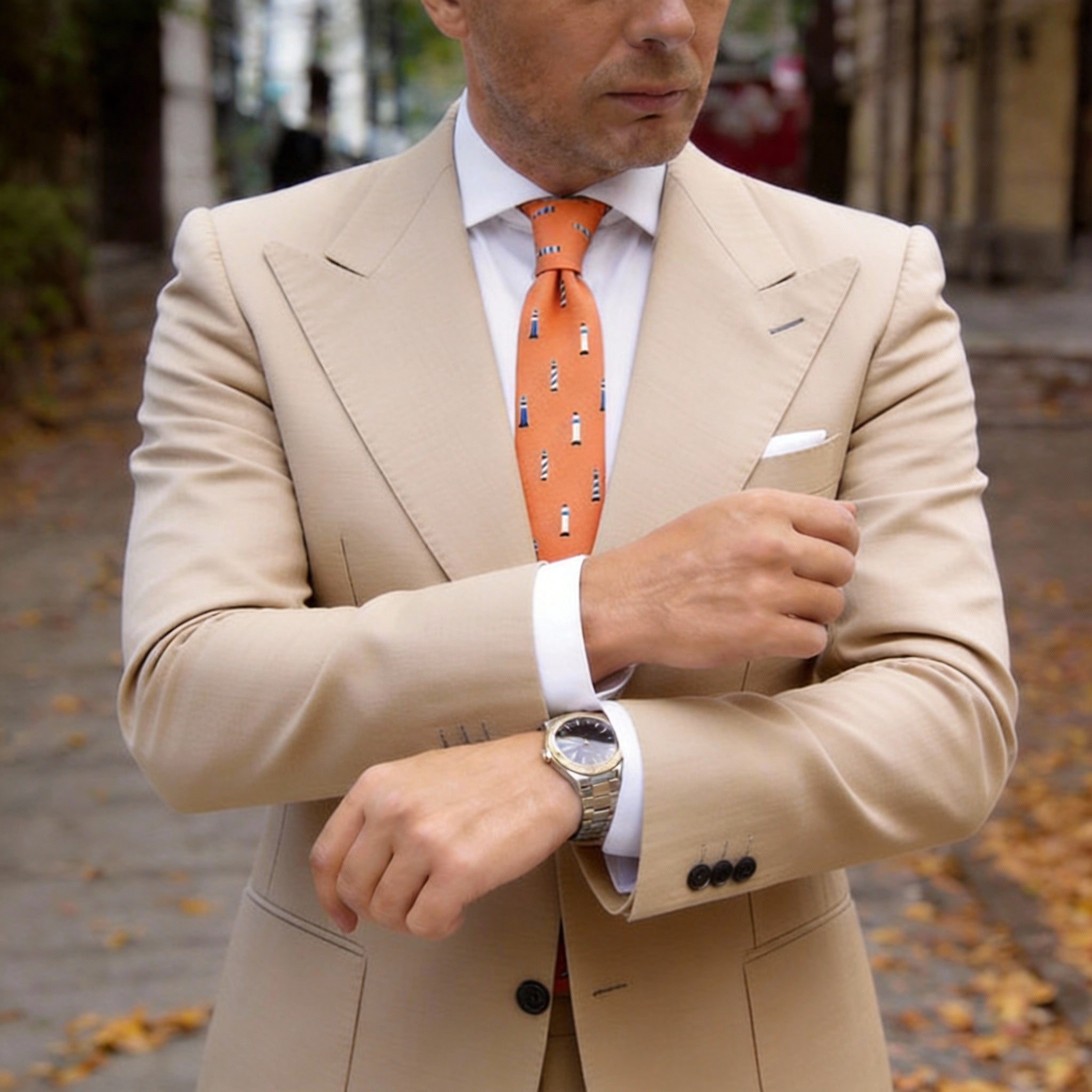 Orange With Blue And White Lighthouse Necktie
