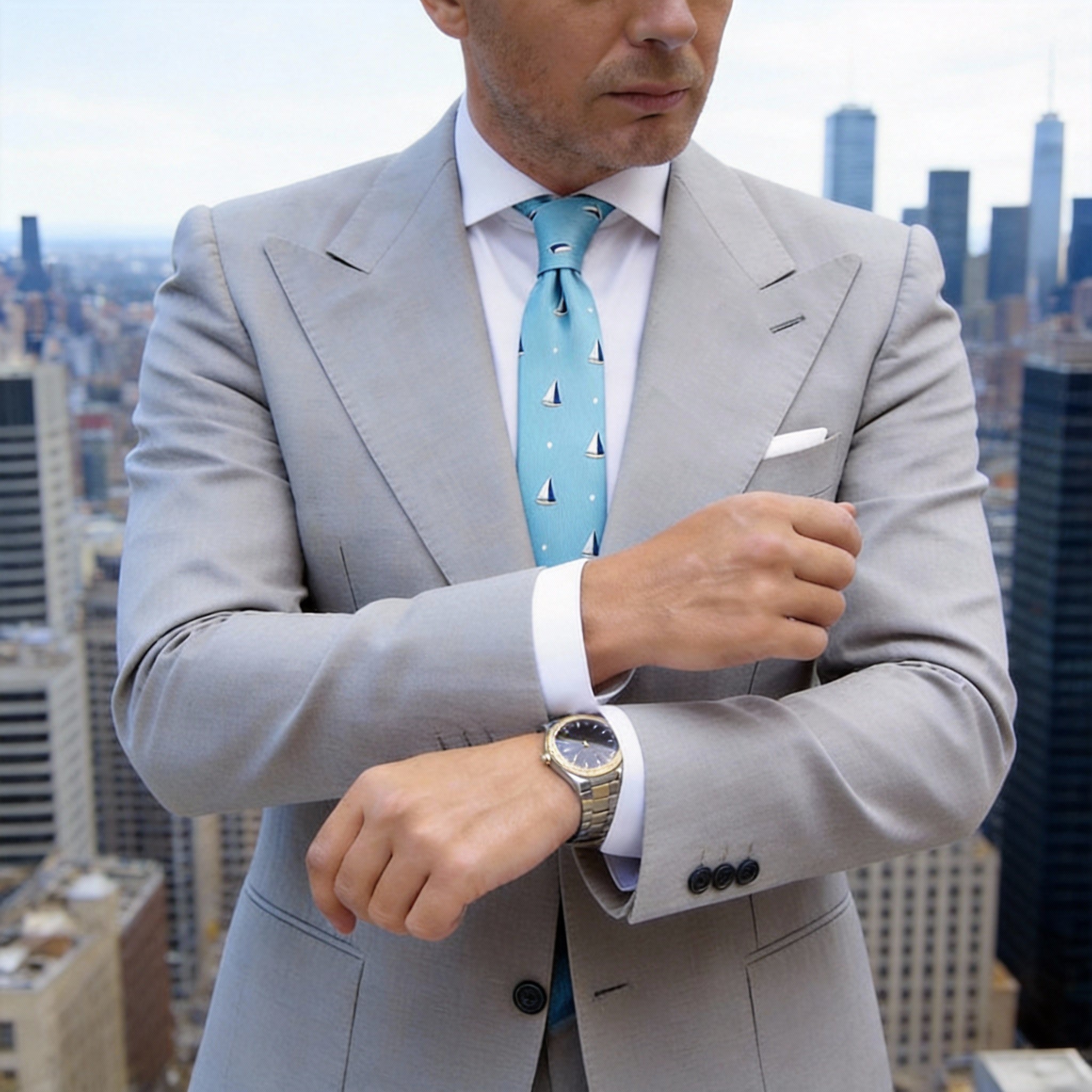 Light Blue with White Sailboat & Polka Dot Necktie