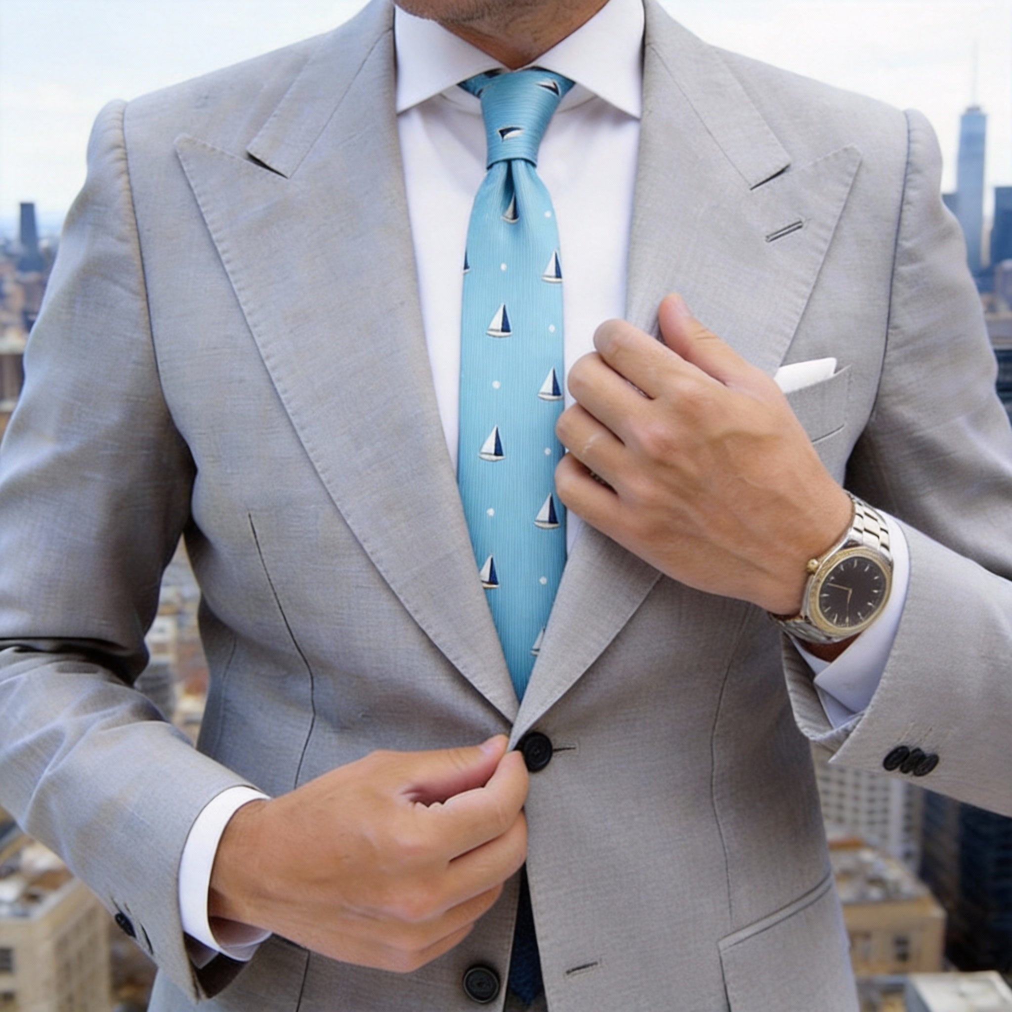 Light Blue with White Sailboat & Polka Dot Necktie