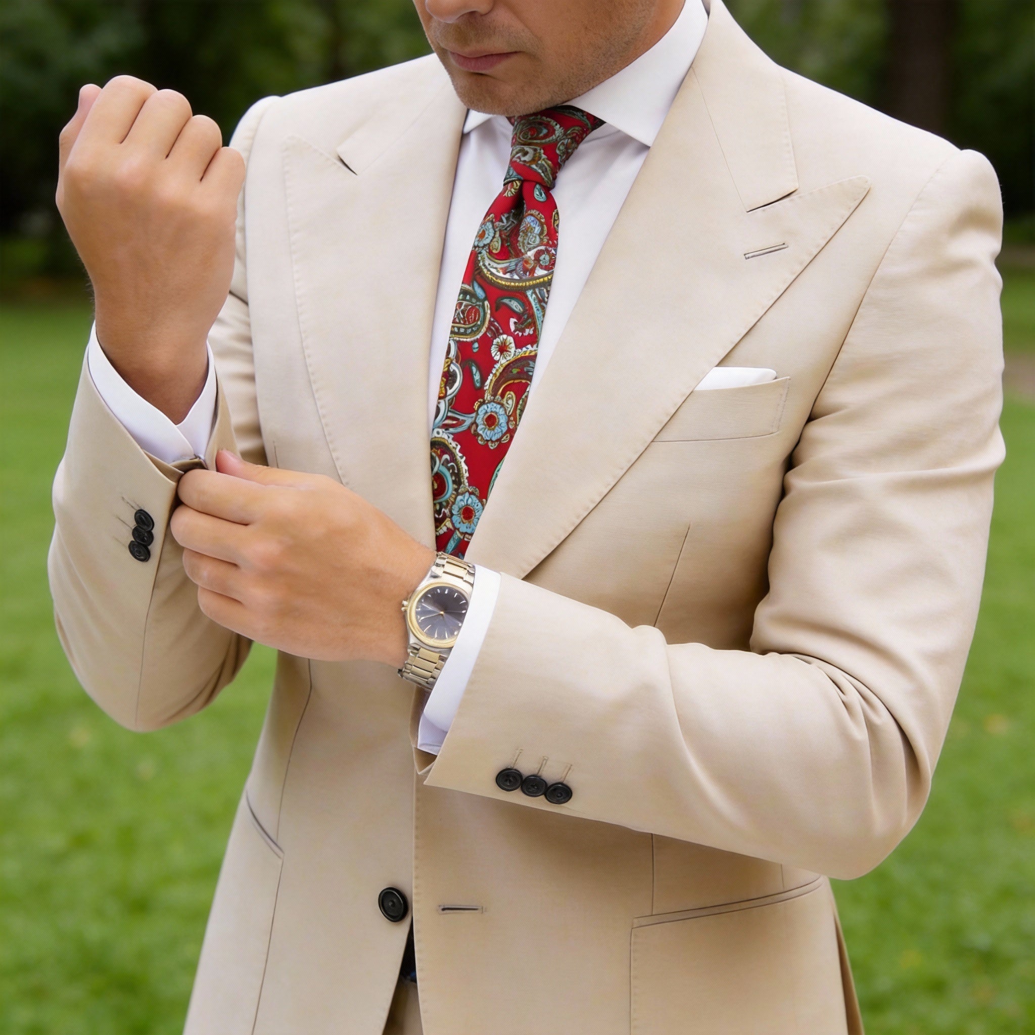Red with Blue Paisley Floral Necktie