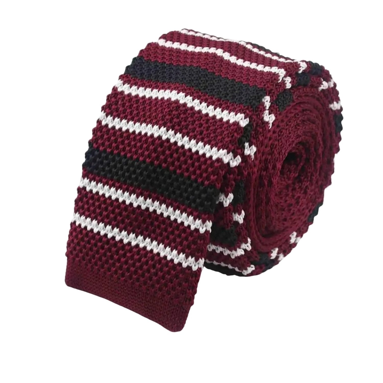 Maroon With Black White Striped Knitted Necktie
