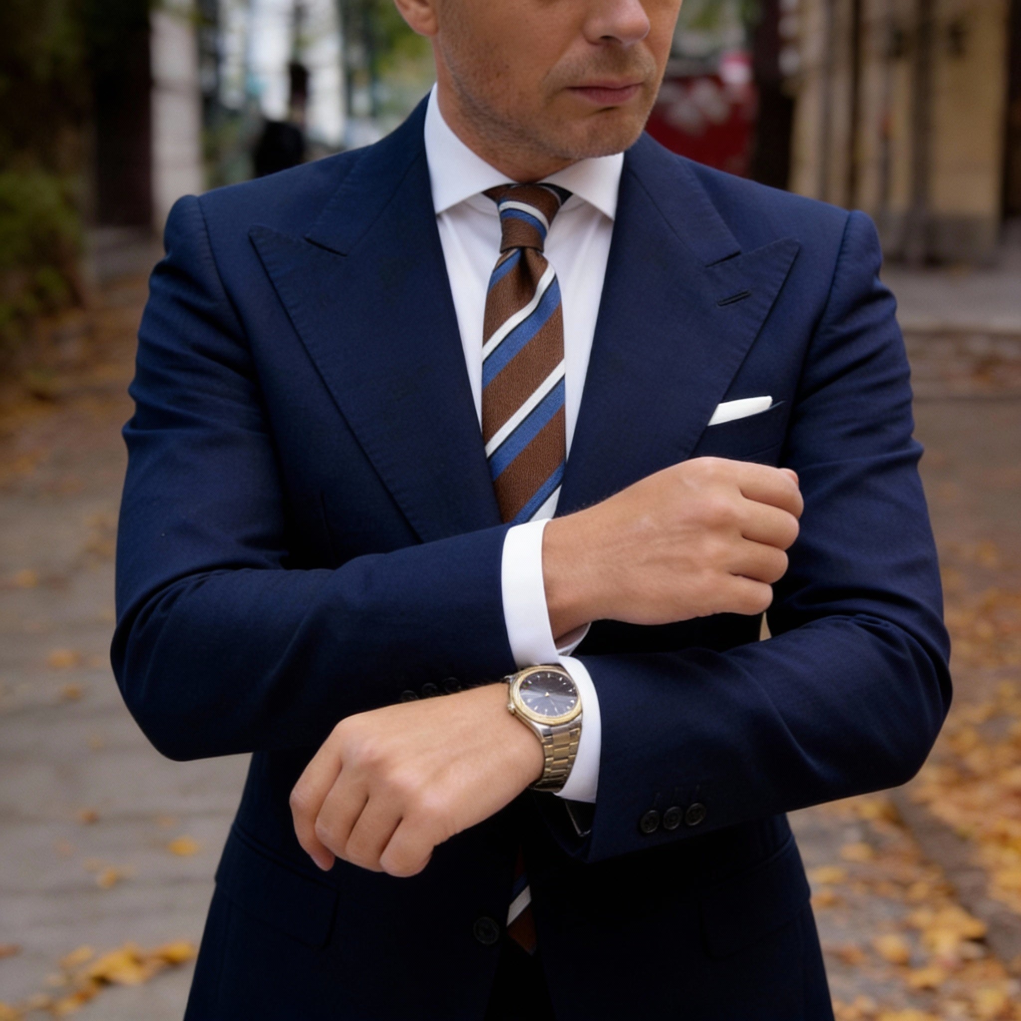 Brown With Blue White Stripes Necktie