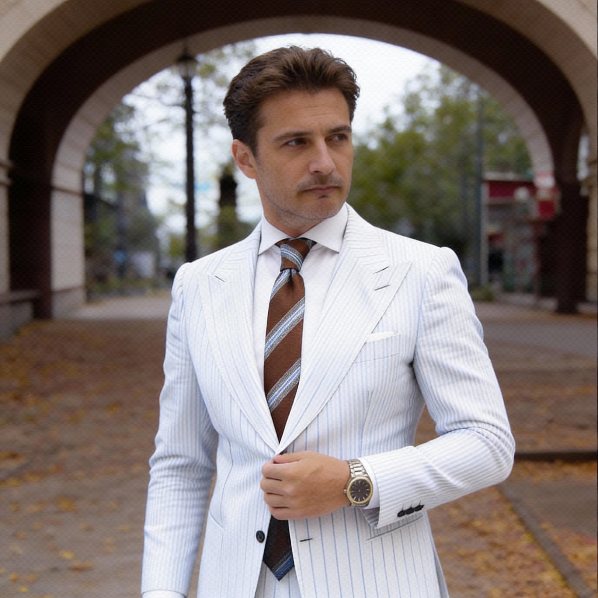 Brown with White & Blue Striped Necktie