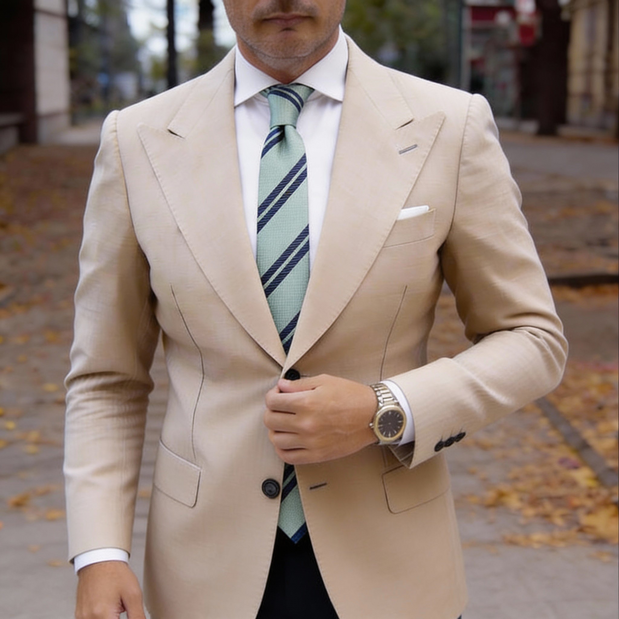 Light-Green With Navy-Blue Diagonal Stripes Necktie