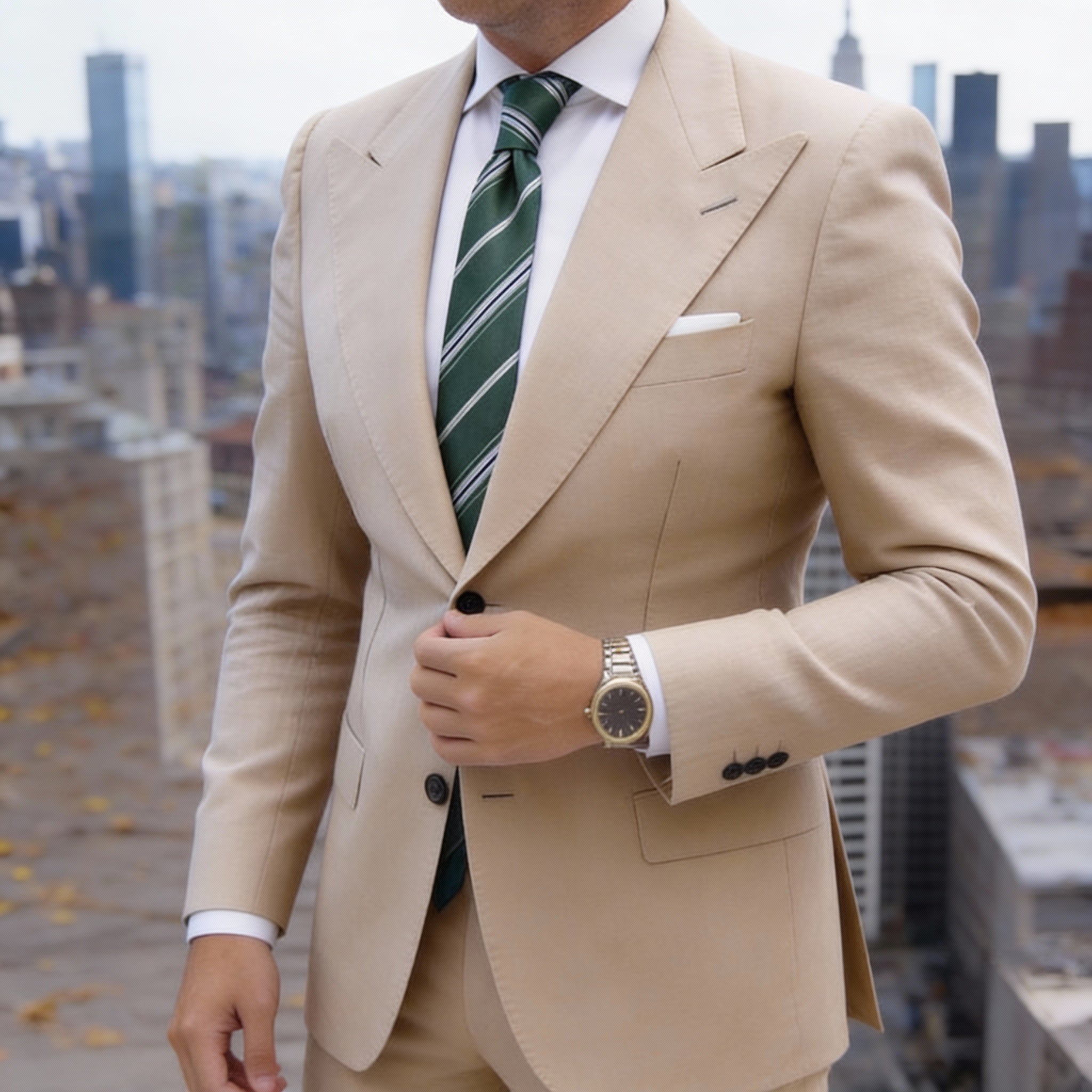 Green with White and Dark Blue Stripes Necktie