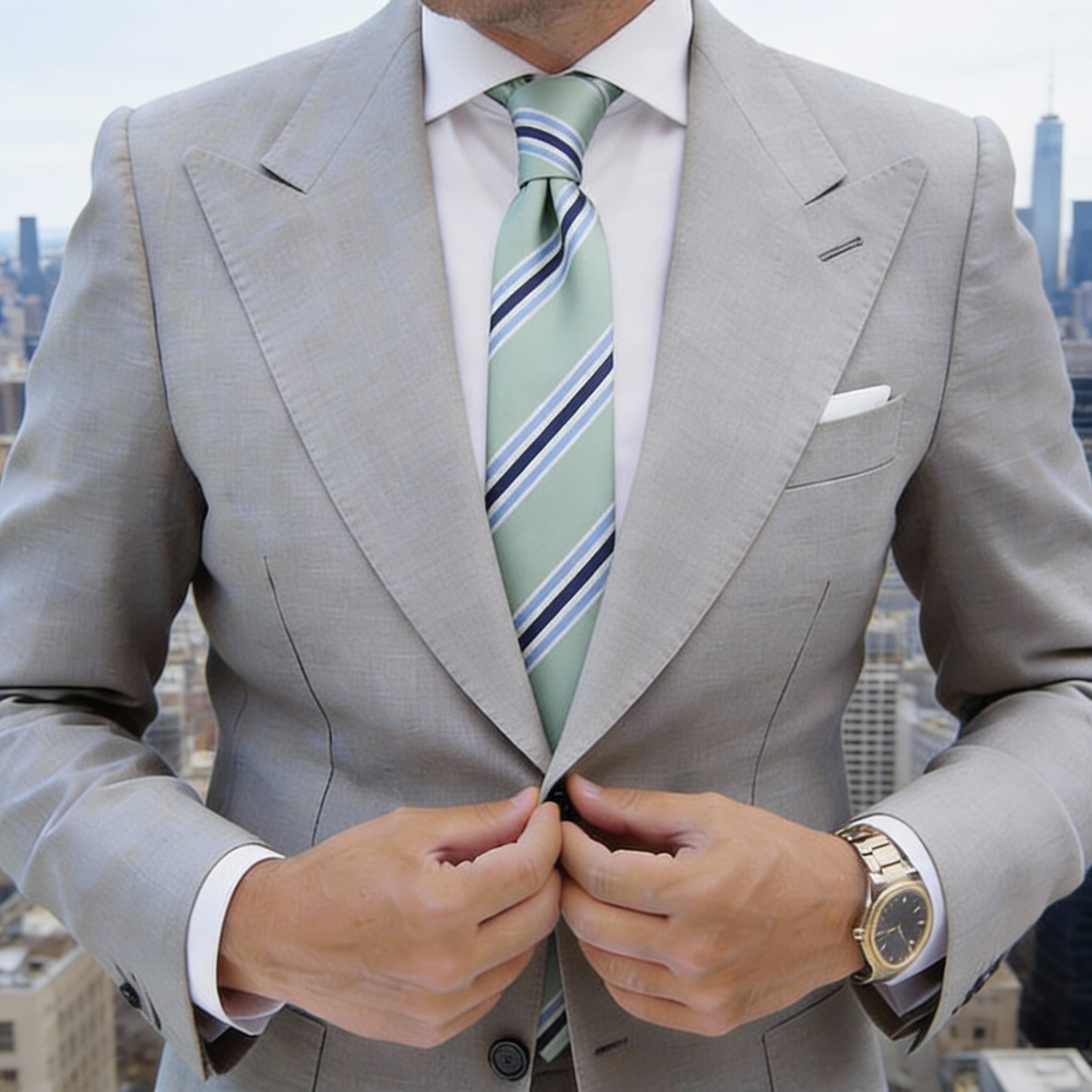 Light Green With Tri - Color Diagonal Stripes Necktie