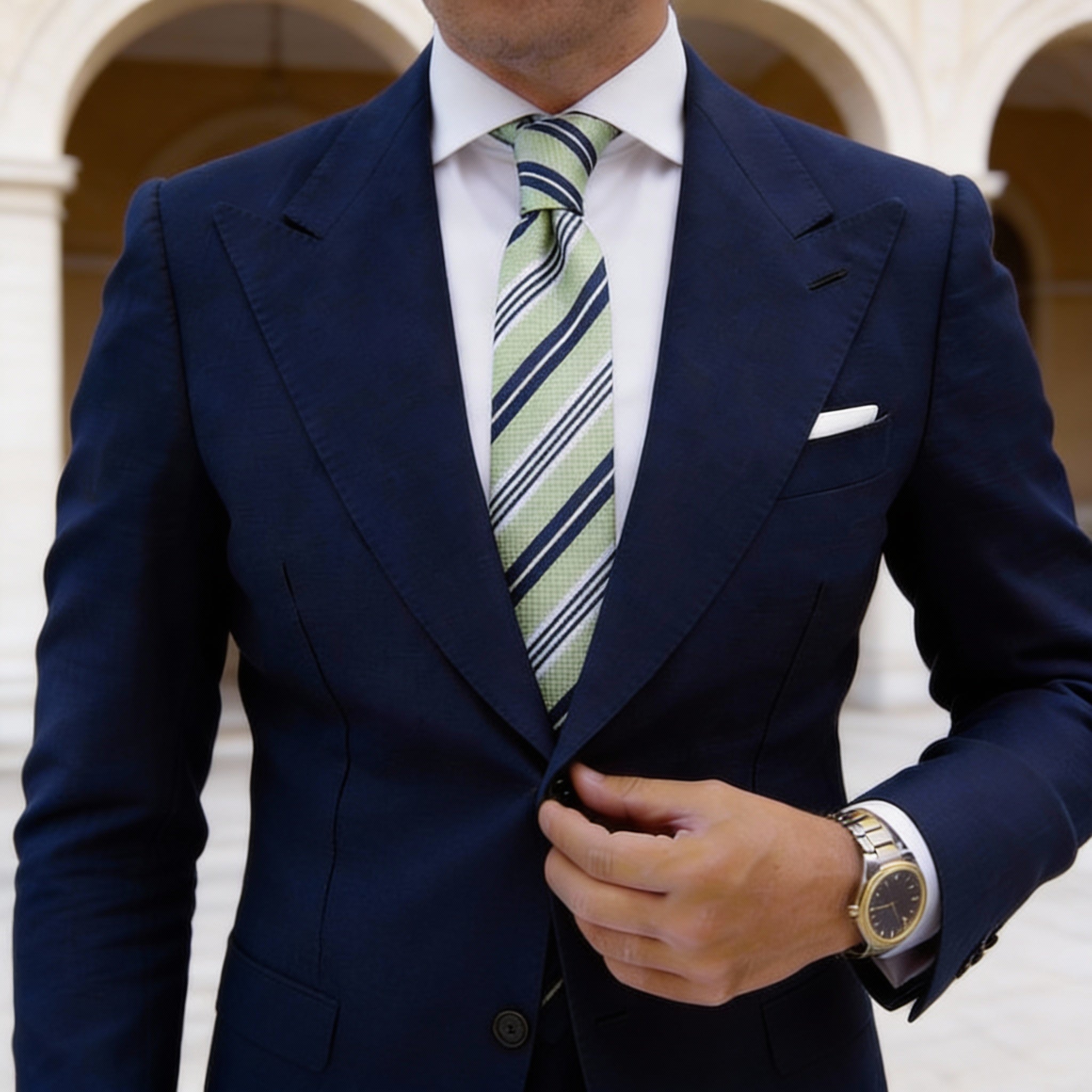 Light Green with Dark Blue White Stripe Necktie