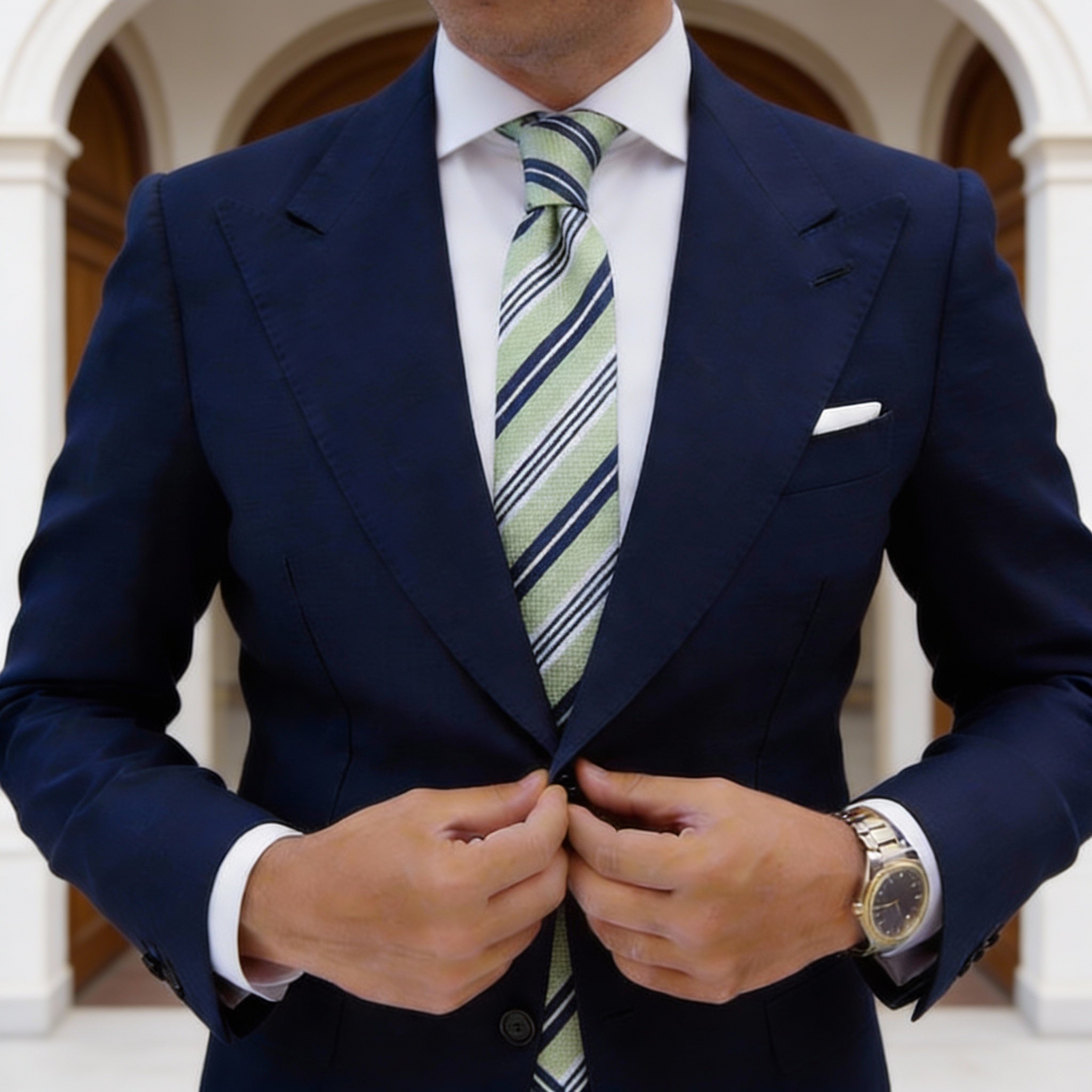 Light Green with Dark Blue White Stripe Necktie
